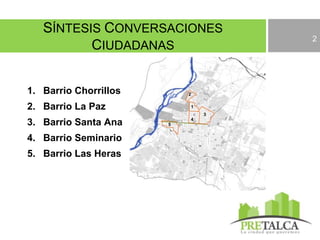 2     SÍNTESIS CONVERSACIONES CIUDADANAS Barrio Chorrillos Barrio La Paz Barrio Santa Ana Barrio Seminario Barrio Las Heras 2 1 3 4 5 