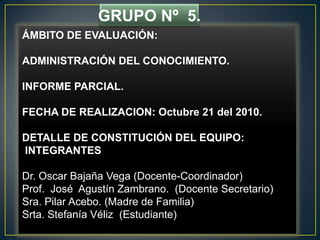 GRUPO Nº  5.ÁMBITO DE EVALUACIÓN: ADMINISTRACIÓN DEL CONOCIMIENTO. INFORME PARCIAL. FECHA DE REALIZACION: Octubre 21 del 2010. DETALLE DE CONSTITUCIÓN DEL EQUIPO:  INTEGRANTES  Dr. Oscar Bajaña Vega (Docente-Coordinador) Prof.  José  Agustín Zambrano.  (Docente Secretario) Sra. Pilar Acebo. (Madre de Familia) Srta. StefaníaVéliz  (Estudiante)  
