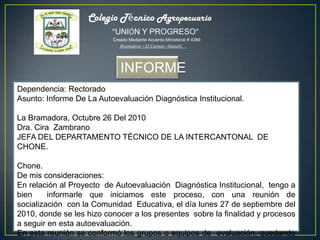 Colegio Técnico Agropecuario“UNIÓN Y PROGRESO”	  Creado Mediante Acuerdo Ministerial # 4389 Bramadora – El Carmen –ManabíINFORMEDependencia: RectoradoAsunto: Informe De La Autoevaluación Diagnóstica Institucional. La Bramadora, Octubre 26 Del 2010Dra. Cira  ZambranoJEFA DEL DEPARTAMENTO TÉCNICO DE LA INTERCANTONAL  DE CHONE. Chone.De mis consideraciones:En relación al Proyecto  de Autoevaluación  Diagnóstica Institucional,  tengo a bien  informarle que iniciamos este proceso, con una reunión de    socialización  con la Comunidad  Educativa, el día lunes 27 de septiembre del 2010, donde se les hizo conocer a los presentes  sobre la finalidad y procesos a seguir en esta autoevaluación.En esta reunión se conformó los grupos o equipos de  evaluación, quedando integrados de la siguiente manera: