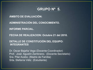 GRUPO Nº  5.ÁMBITO DE EVALUACIÓN: ADMINISTRACIÓN DEL CONOCIMIENTO. INFORME PARCIAL. FECHA DE REALIZACION: Octubre 21 del 2010. DETALLE DE CONSTITUCIÓN DEL EQUIPO:  INTEGRANTES  Dr. Oscar Bajaña Vega (Docente-Coordinador) Prof.  José  Agustín Zambrano.  (Docente Secretario) Sra. Pilar Acebo. (Madre de Familia) Srta. StefaníaVéliz  (Estudiante) 
