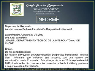 Colegio Técnico Agropecuario“UNIÓN Y PROGRESO”	  Creado Mediante Acuerdo Ministerial # 4389 Bramadora – El Carmen –ManabíINFORMEDependencia: RectoradoAsunto: Informe De La Autoevaluación Diagnóstica Institucional. La Bramadora, Octubre 26 Del 2010Dra. Cira  ZambranoJEFA DEL DEPARTAMENTO TÉCNICO DE LA INTERCANTONAL  DE CHONE. Chone.De mis consideraciones:En relación al Proyecto  de Autoevaluación  Diagnóstica Institucional,  tengo a bien  informarle que iniciamos este proceso, con una reunión de    socialización  con la Comunidad  Educativa, el día lunes 27 de septiembre del 2010, donde se les hizo conocer a los presentes  sobre la finalidad y procesos a seguir en esta autoevaluación.En esta reunión se conformó los grupos o equipos de  evaluación, quedando integrados de la siguiente manera: