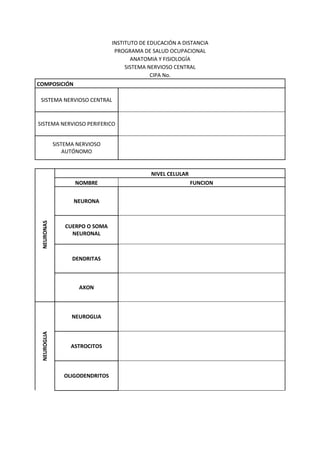 INSTITUTO DE EDUCACIÓN A DISTANCIA
                                  PROGRAMA DE SALUD OCUPACIONAL
                                        ANATOMIA Y FISIOLOGÍA
                                      SISTEMA NERVIOSO CENTRAL
                                               CIPA No.
COMPOSICIÓN

 SISTEMA NERVIOSO CENTRAL



SISTEMA NERVIOSO PERIFERICO


             SISTEMA NERVIOSO
                 AUTÓNOMO


                                              NIVEL CELULAR
                    NOMBRE                                    FUNCION


                    NEURONA
 NEURONAS




                 CUERPO O SOMA
                   NEURONAL



                   DENDRITAS



                     AXON



                   NEUROGLIA
 NEUROGLIA




                   ASTROCITOS



                OLIGODENDRITOS
 