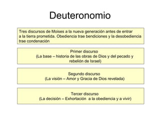 Deuteronomio Tres discursos de Moises a la nueva generación antes de entrar  a la tierra prometida. Obediencia trae bendiciones y la desobediencia trae condenación Primer discurso  (La base – historia de las obras de Dios y del pecado y rebelión de Israel) Segundo discurso  (La visión – Amor y Gracia de Dios revelada) Tercer discurso (La decisión – Exhortación  a la obediencia y a vivir) 