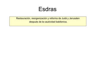 Esdras Restauración, reorganización y reforma de Judá y Jerusalen después de la cautividad babilonica. 