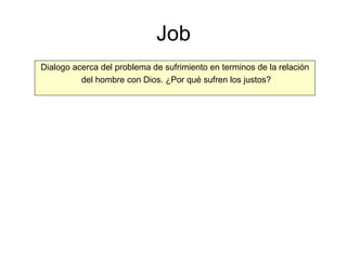 Job Dialogo acerca del problema de sufrimiento en terminos de la relación del hombre con Dios. ¿Por qué sufren los justos? 