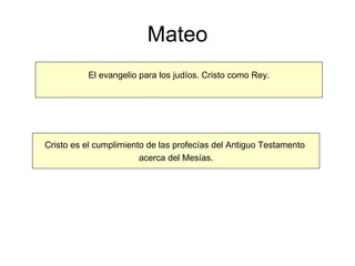 Mateo El evangelio para los judíos. Cristo como Rey. Cristo es el cumplimiento de las profecías del Antiguo Testamento  acerca del Mesías. 