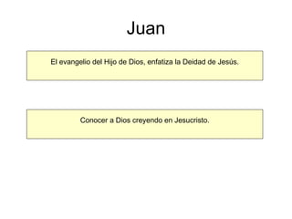 Juan El evangelio del Hijo de Dios, enfatiza la Deidad de Jesús. Conocer a Dios creyendo en Jesucristo. 