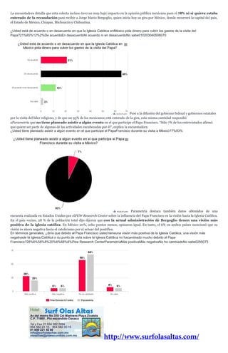 La encuestadora detalla que esta colecta incluso tuvo un muy bajo impacto en la opinión pública mexicana pues el 78% ni si quiera estaba
enterado de la recaudación para recibir a Jorge Mario Bergoglio, quien inicia hoy su gira por México, donde recorrerá la capital del país,
el Estado de México, Chiapas, Michoacán y Chihuahua.
¿Usted está de acuerdo o en desacuerdo en que la Iglesia Católica enMéxico pida dinero para cubrir los gastos de la visita del
Papa?21%65%12%2%De acuerdoEn desacuerdoNi acuerdo ni en desacuerdoNo sabe010203040506070
Pese a la difusión del gobierno federal y gobiernos estatales
por la visita del líder religioso, y de que un 93% de los mexicanos está enterado de la gira, esta misma cantidad respondió
aParametría que no tiene planeado asistir a algún evento en el que participe el Papa Francisco. “Sólo 7% de los entrevistados afirmó
que quiere ser parte de algunas de las actividades encabezadas por él”, explica la encuestadora.
¿Usted tiene planeado asistir a algún evento en el que participe el PapaFrancisco durante su visita a México?7%93%
Parametría destaca también datos obtenidos de una
encuesta realizada en Estados Unidos por elPEW Research Center sobre la influencia del Papa Francisco en la visión hacia la Iglesia Católica.
En el país vecino, 28 % de la población total dijo dijeron que con la actual administración de Bergoglio tienen una visión más
positiva de la iglesia católica. En México 20%, ocho puntos menos, opinaron igual. En tanto, el 6% en ambos países mencionó que su
visión es ahora negativa hacia el catolicismo por el actuar del pontífice.
En términos generales, ¿diría que debido al Papa Francisco usted tieneuna visión más positiva de la Iglesia Católica, una visión más
negativade la Iglesia Católica o su punto de vista sobre la Iglesia Católica no hacambiado mucho debido al Papa
Francisco?28%6%58%8%20%6%68%6%Pew Research CenterParametríaMás positivaMás negativaNo ha cambiadoNo sabe0255075
 