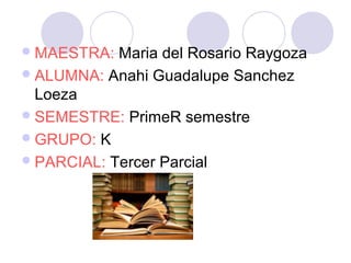 MAESTRA: Maria del Rosario Raygoza 
ALUMNA: Anahi Guadalupe Sanchez 
Loeza 
SEMESTRE: PrimeR semestre 
GRUPO: K 
PARCIAL: Tercer Parcial 
 