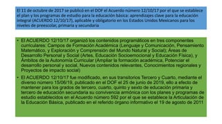 El 11 de octubre de 2017 se publicó en el DOF el Acuerdo número 12/10/17 por el que se establece
el plan y los programas de estudio para la educación básica: aprendizajes clave para la educación
integral (ACUERDO 12/10/17), aplicable y obligatorio en los Estados Unidos Mexicanos para los
niveles de preescolar, primaria y secundaria
• El ACUERDO 12/10/17 organizó los contenidos programáticos en tres componentes
curriculares: Campos de Formación Académica (Lenguaje y Comunicación, Pensamiento
Matemático, y Exploración y Comprensión del Mundo Natural y Social); Áreas de
Desarrollo Personal y Social (Artes, Educación Socioemocional y Educación Física), y
Ámbitos de la Autonomía Curricular (Ampliar la formación académica, Potenciar el
desarrollo personal y social, Nuevos contenidos relevantes, Conocimientos regionales y
Proyectos de impacto social)
• El ACUERDO 12/10/17 fue modificado, en sus transitorios Tercero y Cuarto, mediante el
diverso número 15/06/19, publicado en el DOF el 25 de junio de 2019, ello a efecto de
mantener para los grados de tercero, cuarto, quinto y sexto de educación primaria y
tercero de educación secundaria su convivencia armónica con los planes y programas de
estudio establecidos en el Acuerdo número 592 por el que se establece la Articulación de
la Educación Básica, publicado en el referido órgano informativo el 19 de agosto de 2011
 