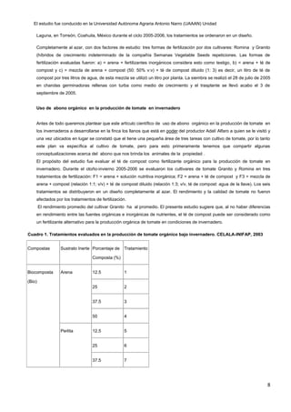 8
El estudio fue conducido en la Universidad Autónoma Agraria Antonio Narro (UAAAN) Unidad
Laguna, en Torreón, Coahuila, México durante el ciclo 2005-2006, los tratamientos se ordenaron en un diseño.
Completamente al azar, con dos factores de estudio: tres formas de fertilización por dos cultivares: Romina y Granito
(híbridos de crecimiento indeterminado de la compañía Semanas Vegetable Seeds repeticiones. Las formas de
fertilización evaluadas fueron: a) = arena + fertilizantes inorgánicos considera esto como testigo, b) = arena + té de
compost y c) = mezcla de arena + compost (50: 50% v:v) + té de compost diluido (1: 3) es decir, un litro de té de
compost por tres litros de agua, de esta mezcla se utilizó un litro por planta. La siembra se realizó el 28 de julio de 2005
en charolas germinadoras rellenas con turba como medio de crecimiento y el trasplante se llevó acabo el 3 de
septiembre de 2005.
Uso de abono orgánico en la producción de tomate en invernadero
Antes de todo queremos plantear que este artículo científico de uso de abono orgánico en la producción de tomate en
los invernaderos a desarrollarse en la finca los llanos que está en poder del productor Adalí Alfaro a quien se le visitó y
una vez ubicados en lugar se constató que el tiene una pequeña área de tres tareas con cultivo de tomate, por lo tanto
este plan va específica al cultivo de tomate, pero para esto primeramente tenemos que compartir algunas
conceptualizaciones acerca del abono que nos brinda los animales de la propiedad .
El propósito del estudio fue evaluar el té de compost como fertilizante orgánico para la producción de tomate en
invernadero. Durante el otoño-invierno 2005-2006 se evaluaron los cultivares de tomate Granito y Romina en tres
tratamientos de fertilización: F1 = arena + solución nutritiva inorgánica; F2 = arena + té de compost y F3 = mezcla de
arena + compost (relación 1:1; v/v) + té de compost diluido (relación 1:3; v/v, té de compost: agua de la llave). Los seis
tratamientos se distribuyeron en un diseño completamente al azar. El rendimiento y la calidad de tomate no fueron
afectados por los tratamientos de fertilización.
El rendimiento promedio del cultivar Granito ha al promedio. El presente estudio sugiere que, al no haber diferencias
en rendimiento entre las fuentes orgánicas e inorgánicas de nutrientes, el té de compost puede ser considerado como
un fertilizante alternativo para la producción orgánica de tomate en condiciones de invernadero.
Cuadro 1. Tratamientos evaluados en la producción de tomate orgánico bajo invernadero. CELALA-INIFAP, 2003
Compostas Sustrato Inerte Porcentaje de
Composta (%)
Tratamiento
Biocomposta
(Bio)
Arena 12.5 1
25 2
37.5 3
50 4
Perlita 12.5 5
25 6
37.5 7
 