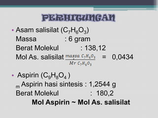 PERHITUNGAN
• Asam salisilat (C7H6O3)
Massa
: 6 gram
Berat Molekul
: 138,12
Mol As. salisilat :
= 0,0434
• Aspirin (C9H8O4 )
m Aspirin hasi sintesis : 1,2544 g
Berat Molekul
: 180,2
Mol Aspirin ~ Mol As. salisilat

 