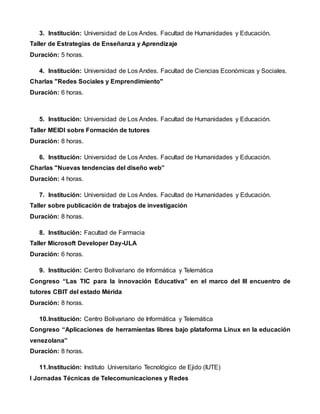 3. Institución: Universidad de Los Andes. Facultad de Humanidades y Educación.
Taller de Estrategias de Enseñanza y Aprendizaje
Duración: 5 horas.
4. Institución: Universidad de Los Andes. Facultad de Ciencias Económicas y Sociales.
Charlas "Redes Sociales y Emprendimiento"
Duración: 6 horas.
5. Institución: Universidad de Los Andes. Facultad de Humanidades y Educación.
Taller MEIDI sobre Formación de tutores
Duración: 8 horas.
6. Institución: Universidad de Los Andes. Facultad de Humanidades y Educación.
Charlas "Nuevas tendencias del diseño web”
Duración: 4 horas.
7. Institución: Universidad de Los Andes. Facultad de Humanidades y Educación.
Taller sobre publicación de trabajos de investigación
Duración: 8 horas.
8. Institución: Facultad de Farmacia
Taller Microsoft Developer Day-ULA
Duración: 6 horas.
9. Institución: Centro Bolivariano de Informática y Telemática
Congreso “Las TIC para la innovación Educativa” en el marco del III encuentro de
tutores CBIT del estado Mérida
Duración: 8 horas.
10.Institución: Centro Bolivariano de Informática y Telemática
Congreso “Aplicaciones de herramientas libres bajo plataforma Linux en la educación
venezolana”
Duración: 8 horas.
11.Institución: Instituto Universitario Tecnológico de Ejido (IUTE)
I Jornadas Técnicas de Telecomunicaciones y Redes
 