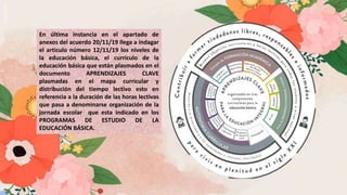 En última instancia en el apartado de
anexos del acuerdo 20/11/19 llega a indagar
el articulo número 12/11/19 los niveles de
la educación básica, el currículo de la
educación básica que están plasmados en el
documento APRENDIZAJES CLAVE
plasmadas en el mapa curricular y
distribución del tiempo lectivo esto en
referencia a la duración de las horas lectivas
que pasa a denominarse organización de la
jornada escolar que esta indicado en los
PROGRAMAS DE ESTUDIO DE LA
EDUCACIÓN BÁSICA.
 