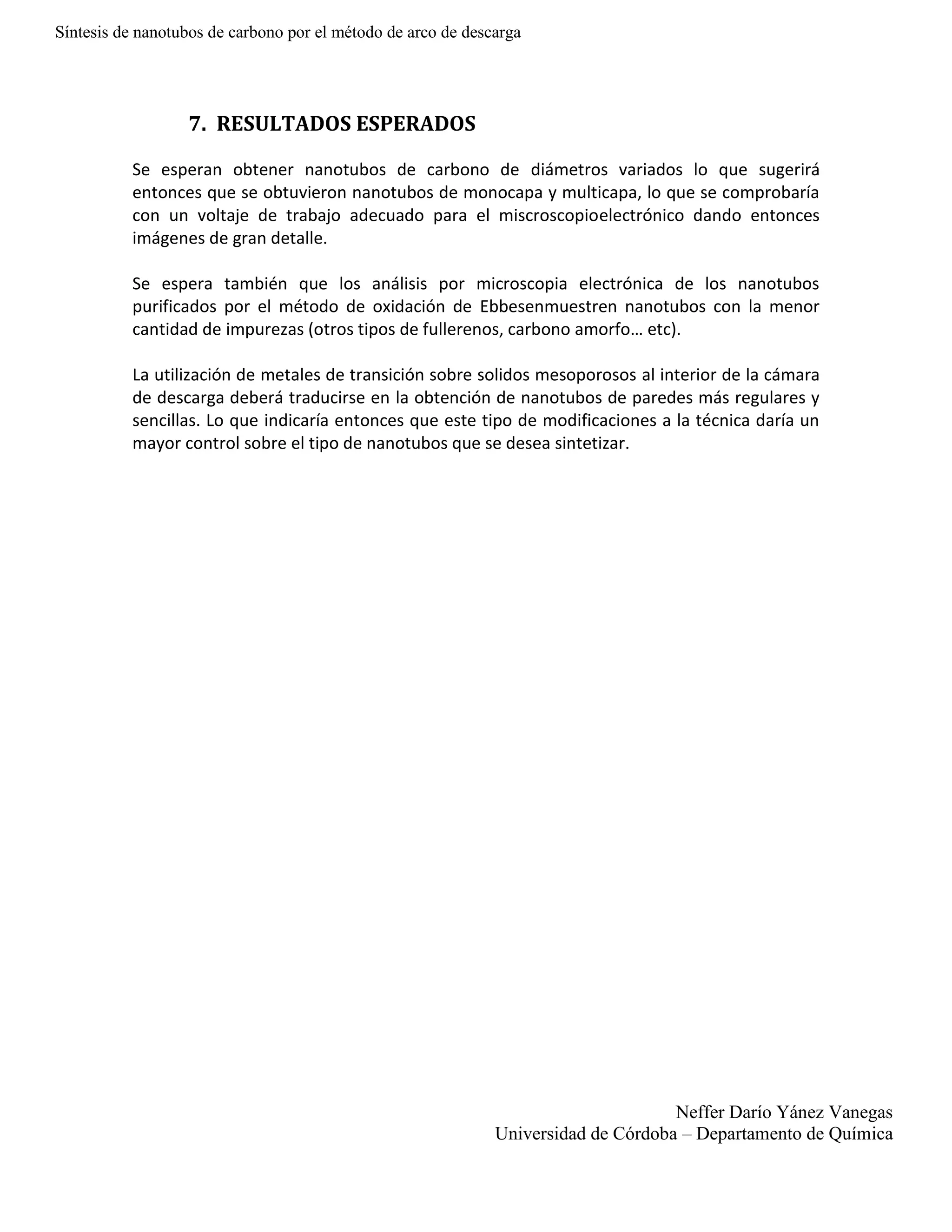 Sintesis de nanotubos de carbono por el metodo de arco de descarga | DOCX