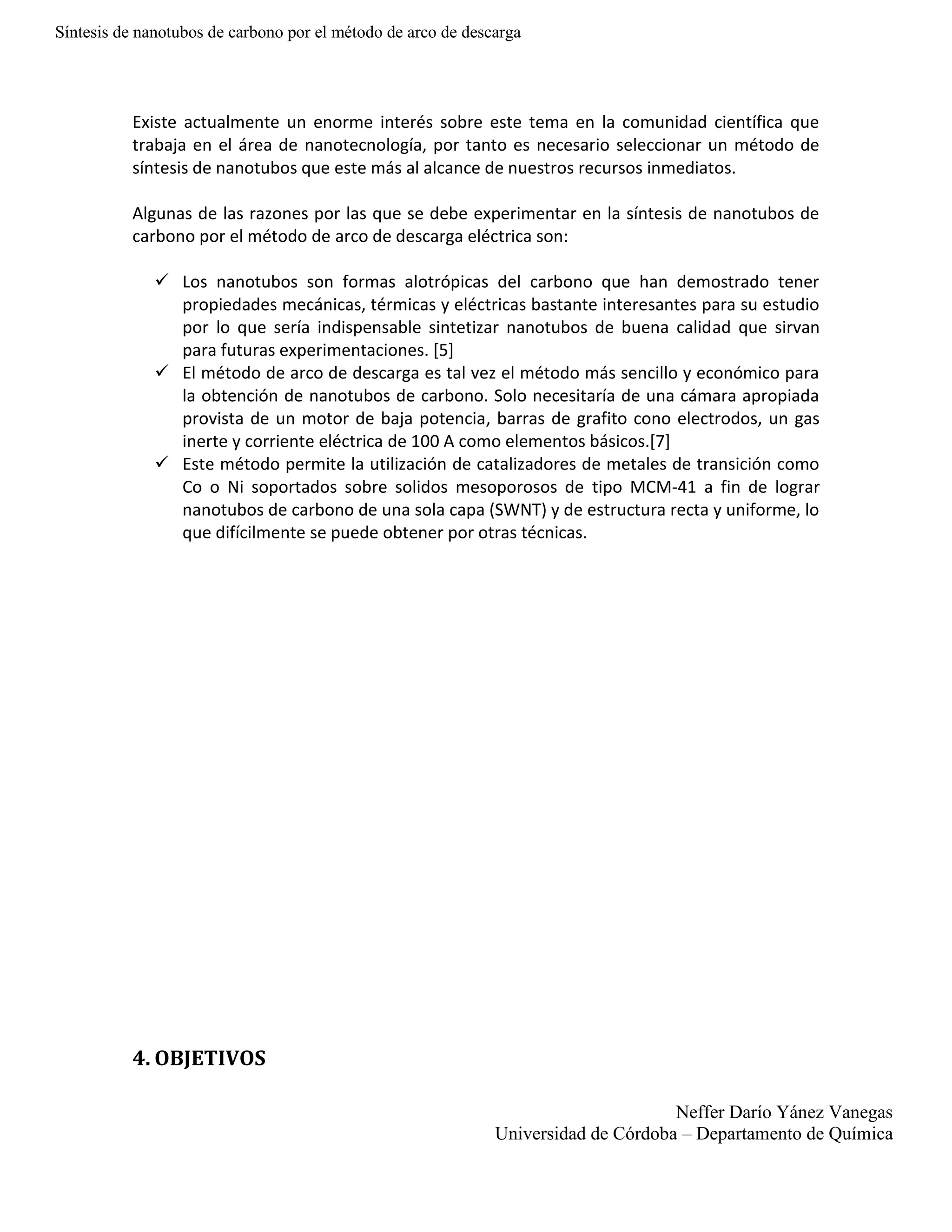 Sintesis de nanotubos de carbono por el metodo de arco de descarga | DOCX