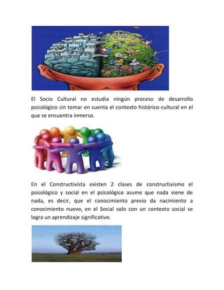 El Socio Cultural no estudia ningún proceso de desarrollo
psicológico sin tomar en cuenta el contexto histórico-cultural en el
que se encuentra inmerso.
En el Constructivista existen 2 clases de constructivismo el
psicológico y social en el psicológico asume que nada viene de
nada, es decir, que el conocimiento previo da nacimiento a
conocimiento nuevo, en el Social solo con un contexto social se
logra un aprendizaje significativo.
 