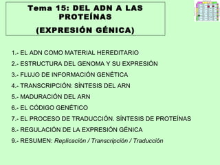 Tema 15: DEL ADN A LAS
PROTEÍNAS
(EXPRESIÓN GÉNICA)
1.- EL ADN COMO MATERIAL HEREDITARIO
2.- ESTRUCTURA DEL GENOMA Y SU EXPRESIÓN
3.- FLUJO DE INFORMACIÓN GENÉTICA
4.- TRANSCRIPCIÓN: SÍNTESIS DEL ARN
5.- MADURACIÓN DEL ARN
6.- EL CÓDIGO GENÉTICO
7.- EL PROCESO DE TRADUCCIÓN. SÍNTESIS DE PROTEÍNAS
8.- REGULACIÓN DE LA EXPRESIÓN GÉNICA
9.- RESUMEN: Replicación / Transcripción / Traducción
 