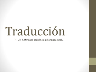 Traducción
• Del ARNm a la secuencia de aminoácidos.
 