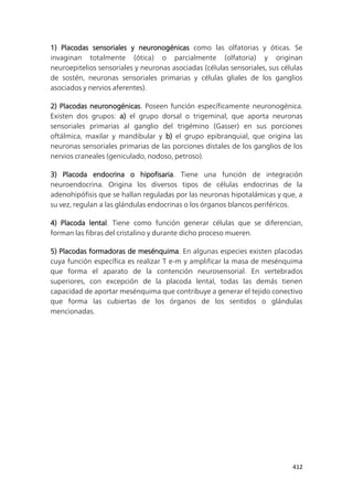412
1) Placodas sensoriales y neuronogénicas como las olfatorias y óticas. Se
invaginan totalmente (ótica) o parcialmente (olfatoria) y originan
neuroepitelios sensoriales y neuronas asociadas (células sensoriales, sus células
de sostén, neuronas sensoriales primarias y células gliales de los ganglios
asociados y nervios aferentes).
2) Placodas neuronogénicas. Poseen función específicamente neuronogénica.
Existen dos grupos: a) el grupo dorsal o trigeminal, que aporta neuronas
sensoriales primarias al ganglio del trigémino (Gasser) en sus porciones
oftálmica, maxilar y mandibular y b) el grupo epibranquial, que origina las
neuronas sensoriales primarias de las porciones distales de los ganglios de los
nervios craneales (geniculado, nodoso, petroso).
3) Placoda endocrina o hipofisaria. Tiene una función de integración
neuroendocrina. Origina los diversos tipos de células endocrinas de la
adenohipófisis que se hallan reguladas por las neuronas hipotalámicas y que, a
su vez, regulan a las glándulas endocrinas o los órganos blancos periféricos.
4) Placoda lental. Tiene como función generar células que se diferencian,
forman las fibras del cristalino y durante dicho proceso mueren.
5) Placodas formadoras de mesénquima. En algunas especies existen placodas
cuya función específica es realizar T e-m y amplificar la masa de mesénquima
que forma el aparato de la contención neurosensorial. En vertebrados
superiores, con excepción de la placoda lental, todas las demás tienen
capacidad de aportar mesénquima que contribuye a generar el tejido conectivo
que forma las cubiertas de los órganos de los sentidos o glándulas
mencionadas.
 