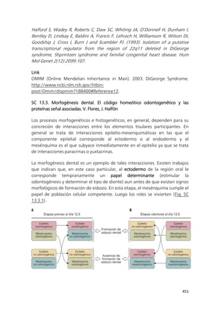 451
Halford S, Wadey R, Roberts C, Daw SC, Whiting JA, O'Donnell H, Dunham I,
Bentley D, Lindsay E, Baldini A, Francis F, Lehrach H, Williamson R, Wilson DI,
Goodship J, Cross I, Burn J and Scambler PJ. (1993). Isolation of a putative
transcriptional regulator from the region of 22q11 deleted in DiGeorge
syndrome, Shprintzen syndrome and familial congenital heart disease. Hum
Mol Genet 2(12):2099-107.
Link
OMIM (Online Mendelian Inheritance in Man). 2003. DiGeorge Syndrome.
http://www.ncbi.nlm.nih.gov/htbin-
post/Omim/dispmim?188400#Reference12.
SC 13.3. Morfogénesis dental. El código homeótico odontogenético y las
proteínas señal asociadas. V. Flores, J. Halfón
Los procesos morfogenéticos e histogenéticos, en general, dependen para su
concreción de interacciones entre los elementos tisulares participantes. En
general se trata de interacciones epitelio-mesenquimáticas en las que el
componente epitelial corresponde al ectodermo o al endodermo y el
mesénquima es el que subyace inmediatamente en el epitelio ya que se trata
de interacciones paracrinas o yuxtacrinas.
La morfogénesis dental es un ejemplo de tales interacciones. Existen trabajos
que indican que, en este caso particular, al ectodermo de la región oral le
corresponde tempranamente un papel determinante (estimular la
odontogénesis y determinar el tipo de diente) aun antes de que existan signos
morfológicos de formación de esbozo. En esta etapa, el mesénquima cumple el
papel de población celular competente. Luego los roles se invierten (Fig. SC
13.3.1).
 