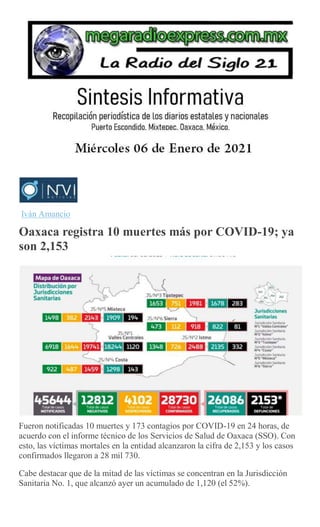 Iván Amancio
Oaxaca registra 10 muertes más por COVID-19; ya
son 2,153
Fueron notificadas 10 muertes y 173 contagios por COVID-19 en 24 horas, de
acuerdo con el informe técnico de los Servicios de Salud de Oaxaca (SSO). Con
esto, las víctimas mortales en la entidad alcanzaron la cifra de 2,153 y los casos
confirmados llegaron a 28 mil 730.
Cabe destacar que de la mitad de las víctimas se concentran en la Jurisdicción
Sanitaria No. 1, que alcanzó ayer un acumulado de 1,120 (el 52%).
 