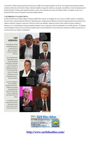 la acusación, O’Shea, gerente general de la firma suiza ABB, hizo los pagos ilegales a través de “una empresa mexicana para obtener
contratos millonarios sin licitación. Maya se declaró culpable de pagar los sobornos y de ayudar a encubrirlos a través de operaciones de
lavado de dinero. O´Shea, quien decidió someterse a juicio, fue exonerado por un juez de Estados Unidos. El capítulo no pesó en el
historial de Elías Ayub. No renunció ni presentó ningún informe.
5. HUMBERTO CAVAZOS CHENA
Cuando el Gobierno de Felipe Calderón Hinojosa (2006-2012) requisó la Compañía de Luz y Fuerza en 2009, nombró a su despacho,
Cavazos Flores, representante del Sistema de Administración y Enajenación de Bienes en el proceso legal derivado de la extinción de la
empresa. Entonces, empezó a conocerse el estilo de vida de este abogado. Apareció en fotos como cazador de leones, elefantes y
borregos; se le vio paseando por Europa arropado de abrigos caros; se supo que comía en restaurantes con comida gourmet . El reportero
Arturo Rodríguez García de la revista Proceso publicó que la excentricidad de Cavazos Chena fue costeada con millones de pesos de 17
mil electricistas que exigían su liquidación.
 