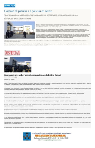 Golpean ex paristas a 2 policías en activo
TROPA DIVIDIDA Y AUSENCIA DE AUTORIDAD EN LA SECRETARÍA DE SEGURIDAD PÚBLICA
REYNALDO BRACAMONTES RUIZ
Mientras el gobierno de Oaxaca reportó que las actividades en la Secretaria de Seguridad Pública, se han normalizado, tras el paro
policial que se prolongó 17 días, ayer la tropa se desayunó con una confrontación entre "fieles" y "desleales", con un saldo no mayor a
cinco uniformados con lesiones que no ponen en peligro su vida.
Mientras el vocero de la SSP, Guillermo Ramírez, minimizó el hecho, al exponer que las cosas no pasaron de los insultos a los
empellones, uniformados que pidieron el anonimato, advirtieron que el paro ha dividido a la tropa y no se descartan nuevas fricciones,
porque los compañeros que participaron en el paro, no perdonan a quienes estuvimos laborando para no perder la chamba.
Ello ocurrió antes de las 8:00 horas, al ser convocados al pase de lista. Los llamados "fieles" por no secundar el paro, se hallaban en el
área de dormitorios cuando empezaron a recibir reproches. Pronto se hicieron de palabras, las cosas fueron subiendo de todo y de
pronto sobrevinieron los golpes. Los compañeros paristas estaban muy enojados, reveló uno de los uniformados y advirtió que no se
descartan mas agresiones, porque en el pase de lista no han acudido autoridades superiores.
Según la fuente, los policías que estuvieron en paro tomaron las pertenencias de sus compañeros y las arrojaron a la vía pública. El escenario se ha tornado tenso por los nombramientos de comandantes a
uniformados que no secundaron el paro.
Este incidente ocurrió un día después de que en el Cuartel General de la Secretaría de Seguridad Pública, se reanudará el izamiento de la Bandera Nacional y el pase de lista. Acudieron cerca de ochocientos
elementos de la Plaza Centro, en ausencia de Amado Alonso Altamirano, encargado de despacho de la SSP.
Gabino miente, no hay arreglos concretos con la Policía Estatal
febrero 21, 2015 | Autor admin
Rebeca Luna Jiménez
Miente el gobernador Gabino Cué, al decir que se normalizaron los servicios de seguridad pública en el estado con la totalidad de los elementos de la Policía Estatal, pues hasta la tarde del
20 de febrero, a los elementos no se les entregaban armas de cargo y tampoco recursos económicos.
Sin embargo, en un comunicado, el gobierno estatal dijo que se normalizaron al 100 por ciento los servicios de seguridad pública en todo el estado, con la totalidad de los integrantes de esta
corporación dependiente de la Secretaría de Seguridad Pública (SSP) de Oaxaca.
Se precisa que el Ejército mexicano aún tiene asegurado el armamento que estuvo en el interior del cuartel de la Policía Estatal durante los 18 días del paro de los uniformados.
Por esta situación, el gobierno estatal podría ser multado por el Ejército porque es quien les autoriza la licencia colectiva de la portación de armas.
La misma Secretaría de Gobernación podría dejar sin armamento a la Policía Estatal de Oaxaca, cuyos elementos siguen esperando las órdenes para trasladarse a sus regiones.
Se pudo establecer que en el trabajo de los centros de rehabilitación social se está reforzando la seguridad externa con elementos de la Agencia Estatal de Investigaciones (AEI),
dependientes de la Procuraduría General de Justicia del Estado.
El Ejército mexicano aseguró que todo el armamento de la Policía Estatal tendrá que ser valorado en el control de confianza para hacer la devolución del mismo.
Aunque se haya reinstalado al total de paristas, se ha podido establecer que muchos no pasarán el examen de control de confianza, y de esta forma los elementos podrían ser dados de baja.
La AEI se está dedicando a custodiar reos y a trasladar dinero y detenidos, porque todo el trabajo que antes cubría la Policía Estatal la están realizando los investigadores, por lo que no hay
personal para esclarecer homicidios.
Pese al trabajo que está realizando la AEI, los rezagos continúan en todos los aspectos, los vehículos continúan sin gasolina, con un limitante de 15 litros diarios por unidad, nos les dan
viáticos y sigue el recorte de personal.
En este momento, los patrullajes los realizan elementos de la Policía Auxiliar Bancaria Industrial y Comercial (PABIC), en conjunto con la Policía Vial.
 