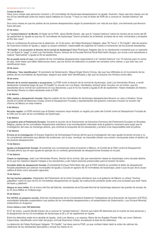 MILENIO DIGITAL26/02/2015 08:51 AM
Ciudad de México
Hace cinco meses seis personas murieron y 43 normalistas de Ayotzinapa desaparecieron en Iguala, Guerrero. Hace casi tres meses uno de
los 43 fue identificado entre los restos óseos hallados en Cocula. Y hace un mes el titular de PGR dio a conocer la "verdad histórica" del
caso.
Son cinco meses en que los padres de los jóvenes desaparecidos exigen la presentación con vida de sus hijos, una demanda que llevaron
fuera del país.
27 de enero
La "verdad histórica" de Murillo. El titular de la PGR, Jesús Murillo Karam, dijo que la "verdad histórica" sobre los hechos de la noche del 26
de septiembre en Iguala es que los 43 normalistas de Ayotzinapa "fueron privados de la libertad, privados de la vida, incinerados y arrojados
al Río San Juan".
Esto en conferencia de prensa tras la detención, el 15 de enero, de Felipe Rodríguez Salgado, alias "El Terco" o "El Cepillo", jefe de sicarios
de Guerreros Unidos en Iguala y, según su propia confesión, responsable de organizar la muerte e incineración de los jóvenes estudiantes.
"El Cepillo" y la acusación al director de la normal de Ayotzinapa.Felipe Rodríguez Salgado dijo en su declaración ministerial que un operador
de Los Rojos le "pagó" a José Luis Hernández Rivera, director de la Escuela Normal Rural Raúl Isidro Burgos, por enviar a los estudiantes a
realizar "desmadres" a Iguala el 26 de septiembre.
No se puede cerrar el caso. Los padres de los normalistas desaparecidos respondieron a la "verdad histórica" con 10 razones para no cerrar
el caso, entre éstas que faltan detenciones clave, que los dichos de detenidos no pueden ser tomados como ciertos, y que solo hay una
identificación ósea.
29 de enero
Infiltrados, "bien identificados". El secretario de Gobernación, Miguel Ángel Osorio Chong, dijo que hay infiltrados en el movimiento de los
padres de los normalistas de Ayotzinapa, aseguró que están bien identificados y dijo que se actuaría con firmeza contra ellos.
30 de enero
Director de la normal responde a acusaciones. La PGR invitó al director de la normal de Ayotzinapa, José Luis Hernández Rivera, a rendir
declaración ministerial luego de que "El Cepillo" lo vinculó con Los Rojos. Hernández rechazó tener vínculos con el crimen, que los
estudiantes de la normal son autónomos en sus decisiones y que él no los mandó a Iguala el 26 de septiembre. Hasta mediados de febrero,
Hernández Rivera no había declarado ante la PGR.
2 de febrero
ONU, padres y desaparición forzada. Algunos padres de los normalistas de Ayotzinapa desaparecidos llevaron su caso a Ginebra, Suiza,
donde el Comité de Naciones Unidas contra la Desaparición Forzada y representantes del gobierno mexicano iniciaron la revisión del
informe de México en esta materia.
4 de febrero
No hubo regaño. La PGR rechazó que el Estado mexicano haya recibido un regaño por parte del Comité contra la Desaparición Forzada de
la ONU por el caso de los normalistas de Ayotzinapa.
5 de febrero
Los padres ante el Parlamento Europeo. Durante la reunión de la Subcomisión de Derechos Humanos del Parlamento Europeo en Bruselas,
Bélgica, padres de los normalistas desparecidos solicitaron a los eurodiputados interceder ante el gobierno mexicano para exigir que la
investigación del caso se mantenga abierta, que continúe la búsqueda de los estudiantes y se lleve a los responsables ante la justicia.
7 de febrero
Errores en la investigación. El Equipo Argentino de Antropología Forense afirmó que la investigación del caso Iguala ha tenido errores y no
ha considerado elementos que afectan las evidencias, por lo que, concluyó, es imposible ofrecer una versión concluyente sobre el destino de
los jóvenes desaparecidos.
13 de febrero
Iguala y la desaparición forzada. Al presentar sus conclusiones sobre el examen a México, el Comité de la ONU contra la Desaparición
Forzada afirmó que el caso Iguala es ejemplo de un contexto generalizado de desapariciones forzadas en el país.
17 de febrero
Clases en Ayotzinapa. José Luis Hernández Rivera, director de la normal, dijo que reanudarían clases en Ayotzinapa como escuela abierta,
en la que los maestros dejarán trabajos a los estudiantes y solo habrá sesiones presenciales para la revisión de estos.
Acreditar delito de desaparición forzada. El presidente Enrique Peña Nieto dijo que la PGR insistirá en acreditar el delito de desaparición
forzada perpetrado por policías municipales de Iguala y Cocula en agravio de 43 normalistas de Ayotzinapa, pese a que el juez de la causa
calificó el ilícito como secuestro agravado.
19 de febrero
No hay hechos palpables. Integrantes del Parlamento de la Unión Europea advirtieron que si el gobierno de México no ofrece "hechos
palpables" sobre el caso de los 43 normalistas desaparecidos en Iguala, las instituciones perderán poder ante una sociedad que está "harta
de leyes y palabras".
Ataque en zona militar. En el marco del Día del Ejército, estudiantes de la Escuela Normal de Ayotzinapa atacaron las puertas de acceso de
la 35 Zona Militar en Chilpancingo.
24 de febrero
Por CETEG, se pospone reunión. Ante las movilizaciones de la Coordinadora Estatal de Trabajadores de la Educación de Guerrero (CETEG),
autoridades federales suspendieron que padres de los normalistas desaparecidos y el subsecretario de Gobernación, Luis Enrique Miranda,
sostendrían en Acapulco.
Cinco meses y casi 100 detenidos
El 27 de enero, cuando Murillo Karam dio a conocer la "verdad histórica", informó que había 99 detenidos por la muerte de seis personas y
la desaparición de los 43 normalistas de Ayotzinapa el 26 y 27 de septiembre en Iguala.
Entre los detenidos están el ex alcalde de Iguala, José Luis Abarca, y su esposa, María de los Ángeles Pineda Villa, así como Sidronio
Casarrubias, identificado como líder del grupo criminal Guerreros Unidos, encabezan la lista de los detenidos.
La detención de Felipe Rodríguez Salgado, "El Cepillo", fue clave para la PGR, ya que confesó haber dado la orden de calcinar los
cadáveres de los estudiantes ejecutados y arrojar los restos al río.
 