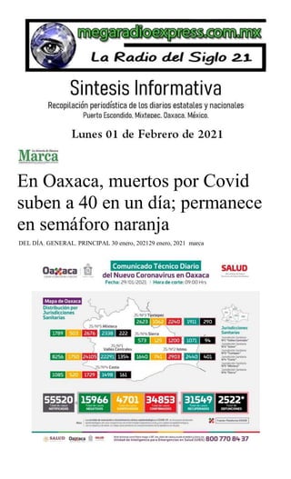 En Oaxaca, muertos por Covid
suben a 40 en un día; permanece
en semáforo naranja
DEL DÍA, GENERAL, PRINCIPAL 30 enero, 202129 enero, 2021 marca
 