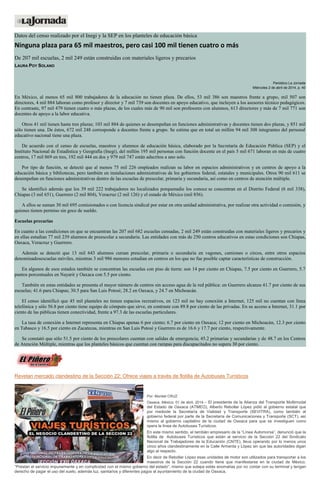 Datos del censo realizado por el Inegi y la SEP en los planteles de educación básica
Ninguna plaza para 65 mil maestros, pero casi 100 mil tienen cuatro o más
De 207 mil escuelas, 2 mil 249 están construidas con materiales ligeros y precarios
LAURA POY SOLANO
Periódico La Jornada
Miércoles 2 de abril de 2014, p. 40
En México, al menos 65 mil 800 trabajadores de la educación no tienen plaza. De ellos, 53 mil 386 son maestros frente a grupo, mil 507 son
directores, 4 mil 884 laboran como profesor y director y 7 mil 739 son docentes en apoyo educativo, que incluyen a los asesores técnico pedagógicos.
En contraste, 97 mil 479 tienen cuatro o más plazas, de los cuales más de 90 mil son profesores con alumnos, 613 directores y más de 7 mil 771 son
docentes de apoyo a la labor educativa.
Otros 41 mil tienen hasta tres plazas; 103 mil 884 de quienes se desempeñan en funciones administrativas y docentes tienen dos plazas, y 851 mil
sólo tienen una. De éstos, 672 mil 248 corresponde a docentes frente a grupo. Se estima que en total un millón 94 mil 308 integrantes del personal
educativo nacional tiene una plaza.
De acuerdo con el censo de escuelas, maestros y alumnos de educación básica, elaborado por la Secretaría de Educación Pública (SEP) y el
Instituto Nacional de Estadística y Geografía (Inegi), del millón 195 mil personas con función docente en el país 5 mil 671 laboran en más de cuatro
centros, 17 mil 869 en tres, 192 mil 444 en dos y 979 mil 747 están adscritos a uno solo.
Por tipo de función, se detectó que al menos 75 mil 226 empleados realizan su labor en espacios administrativos y en centros de apoyo a la
educación básica y bibliotecas, pero también en instalaciones administrativas de los gobiernos federal, estatales y municipales. Otros 90 mil 611 se
desempeñan en funciones administrativas dentro de las escuelas de prescolar, primaria y secundaria, así como en centros de atención múltiple.
Se identificó además que los 39 mil 222 trabajadores no localizados porquenadie los conoce se concentran en el Distrito Federal (6 mil 338),
Chiapas (3 mil 651), Guerrero (2 mil 804), Veracruz (2 mil 126) y el estado de México (mil 856).
A ellos se suman 30 mil 695 comisionados o con licencia sindical por estar en otra unidad administrativa, por realizar otra actividad o comisión, y
quienes tienen permiso sin goce de sueldo.
Escuelas precarias
En cuanto a las condiciones en que se encuentran las 207 mil 682 escuelas censadas, 2 mil 249 están construidas con materiales ligeros y precarios y
en ellas estudian 77 mil 239 alumnos de preescolar a secundaria. Las entidades con más de 250 centros educativos en estas condiciones son Chiapas,
Oaxaca, Veracruz y Guerrero.
Además se detectó que 13 mil 643 alumnos cursan prescolar, primaria o secundaria en vagones, camiones o circos, entre otros espacios
denominadosescuelas móviles, mientras 3 mil 986 menores estudian en centros en los que no fue posible captar características de construcción.
En algunos de esos estados también se concentran las escuelas con piso de tierra: son 14 por ciento en Chiapas, 7.5 por ciento en Guerrero, 5.7
puntos porcentuales en Nayarit y Oaxaca con 5.5 por ciento.
También en estas entidades se presenta el mayor número de centros sin acceso agua de la red pública: en Guerrero alcanza 41.7 por ciento de sus
escuelas; 41.6 para Chiapas; 30.5 para San Luis Potosí; 28.2 en Oaxaca, y 24.7 en Michoacán.
El censo identificó que 45 mil planteles no tienen espacios recreativos, en 123 mil no hay conexión a Internet, 125 mil no cuentan con línea
telefónica y sólo 56.8 por ciento tiene equipo de cómputo que sirve, en contraste con 89.8 por ciento de las privadas. En su acceso a Internet, 31.1 por
ciento de las públicas tienen conectividad, frente a 97.3 de las escuelas particulares.
La tasa de conexión a Internet representa en Chiapas apenas 6 por ciento; 6.7 por ciento en Oaxaca; 12 por ciento en Michoacán, 12.3 por ciento
en Tabasco y 16.5 por ciento en Zacatecas, mientras en San Luis Potosí y Guerrero es de 16.6 y 17.7 por ciento, respectivamente.
Se constató que sólo 51.5 por ciento de los prescolares cuentan con salidas de emergencia; 45.2 primarias y secundarias y de 48.7 en los Centros
de Atención Múltiple, mientras que los planteles básicos que cuentan con rampas para discapacitados no supera 30 por ciento.
Revelan mercado clandestino de la Sección 22: Ofrece viajes a través de flotilla de Autobuses Turísticos
Por: Montiel CRUZ
Oaxaca, México; 01 de abril, 2014.-- El presidente de la Alianza del Transporte Multimodal
del Estado de Oaxaca (ATMEO), Alberto Rebollar López pidió al gobierno estatal que
por mediode la Secretaría de Vialidad y Transporte (SEVITRA), como también al
gobierno federal por parte de la Secretaría de Comunicaciones y Transporte (SCT), así
mismo al gobierno capitalino de la ciudad de Oaxaca para que se investiguen como
opera la línea de Autobuses Turísticos.
En este mismo sentido, el también empresario de la “Línea Automorsa”, denunció que la
flotilla de Autobuses Turísticos que están al servicio de la Sección 22 del Sindicato
Nacional de Trabajadores de la Educación (CNTE), lleva operando por lo menos unos
cinco años clandestinamente en la Calle Armenta y López sin que las autoridades digan
algo al respecto.
En decir de Rebollar López esas unidades de motor son utilizados para transportar a los
maestros de la Sección 22 cuando tiene que manifestarse en la ciudad de México.
“Prestan el servicio impunemente y en complicidad con el mismo gobierno del estado”, mismo que solapa estás anomalías por no contar con su terminal y tengan
derecho de pagar el uso del suelo, además luz, sanitarios y diferentes pagos al ayuntamiento de la ciudad de Oaxaca.
 