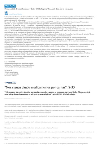 Pese a pérdida de vidas humanas y daños Olvida Segob a Oaxaca; lo deja con su emergencia
Ismael García Morales
La Coordinación Nacional de Protección Civil de la Segob desestimó emitir la Declaratoria de Emergencia y/o Declaratoria de Desastre para Oaxaca,
tras las intensas lluvias y vientos que ocurrieron los días 9 y 10 de marzo, con saldo de tres personas fallecidas y cuantiosas pérdidas materiales en
perjuicio de unas 120 mil personas.
De acuerdo con la Coordinación Estatal de Protección Civil de Oaxaca (CEPCO), se pidió apoyo material y/o financiero para 92 municipios
afectados, en que se registraron además tres personas fallecidas, pero hasta el momento no hay respuesta oficial.
Con fecha 11 de marzo de 2016, la CEPCO envío a la dependencia respectiva de la Secretaría de Gobernación (Segob), su petición para emitir la
Declaratoria de Emergencia en 92 municipios y así poder acceder al Fondo para la Atención de Emergencias (Fonden).
El documento detalla que por la ocurrencia de vientos fuertes con rachas hasta de 90 kilómetros por hora, originados por la interacción de los frentes
fríos 45 y 46 con la Onceava Tormenta Invernal, que acompañados de fuertes lluvias, ocasionaron daños en los municipios localizados
principalmente en las regiones de la Mixteca, Cañada, Sierra Norte y Sierra Sur del estado.
Asimismo, inundaciones en Santiago Juxtlahuaca, San Sebastián Tecomaxtlahuaca, Coicoyán de las Flores y San Juan Mixtepec de la región Mixteca
por el desbordamiento de los ríos “Juxtlahuaca”, “Santo Domingo”, “Mixteco” y “San Lucas” respectivamente.
De igual manera, inundación pluvial acompañada además de fuertes vientos el 10 de marzo en el municipio de Santa María Chimalapa.
En la petición, Protección Civil de Oaxaca se compromete a observar y cumplir con lo dispuesto en los lineamientos y demás disposiciones
aplicables. Asimismo, detalla que el gobierno estatal quedó rebasado en capacidad operativa y financiera y de los municipios afectados, en vista de la
magnitud del fenómeno natural perturbador.
Las precipitaciones pluviales y los fuertes vientos que techumbres de lámina galvanizada de las viviendas, escuelas rurales y edificios públicos de las
comunidades, reportando las autoridades municipales a la fecha, alrededor tres mil viviendas dañadas y 40 escuelas en los municipios antes
mencionados.
Asimismo, autoridades municipales de la región Mixteca que una vez que se desprendieron las techumbres de las viviendas las lluvias constantes
provocaron reblandecimiento en las paredes de las casas de adobe, asimismo reportaron daños a caminos cosecheros y a la agricultura.
La población estimada que fue afectada con motivo de la emergencia es alrededor de 120 mil habitantes de los municipios aludidos. A la fecha la
Secretaría de Gobernación se negó a emitir la declaratoria de emergencia para los 92.
En la zona Mixe del estado se reportaron también fuertes afectaciones en Zacatepec, Ayutla, Tepantlalli, Alotepec, Tontopec y Yacochi, por
mencionar algunas comunidades.
LAS VÍCTIMAS
- Guadalupe Cristina Rojas, Huajuapan de León
- Guillermo Cortés Ramírez, Mariscala de Juárez
- Norberto Dávila García, Huautla de Jiménez
NÚMEROS
120 mil damnificados
3 mil viviendas dañadas
40 escuelas dañadas
"Nos siguen dando medicamentos por cajitas": S-35
"Mientras no haya otro hospital que pueda ayudarlo, o que no se ponga en marcha el de La Mujer, seguirá
saturado y sin medicamentos, ni infraestructura suficiente", señaló Félix Mario Pacheco.
por Sayra Cruz Hernández el Viernes 1 de abril de 2016 - 11:58:39
"Nos siguen surtiendo algunas cajitas de medicamentos, no abastecen", reprochó de nuevo el dirigente de la Sección 35 del Sindicato Nacional de Trabajadores de Salud
(SNTSA), Félix Mario Pacheco, al asegurar que el incumplimiento de la autoridad estatal se mantiene en el sistema médico.
Reiteró que del pliego de demandas del 2015, ante los Servicios de Salud de Oaxaca (SSO) se cumplió en un 50 por ciento en cuanto a algunos puntos, pero lo que se
refiere al surtimiento de medicamentos, avance en infraestructura e insumos, sigue igual.
Dijo que después de la jornada de protesta de los trabajadores de la subsección 02 del Istmo, hace unas semanas, los funcionarios les prometieron avances y respuestas que
hasta el momento no han cumplido.
A raíz de eso, el personal del hospital de Ixtepec, tiene la petición de realizar una marcha con organizaciones sociales, ya que los SSO no han entregado lo necesario a este
nosocomio.
"Dotar de los elementos es responsabilidad del Gobierno del Estado, no de los trabajadores", externó.
Félix Pacheco ubicó que un punto crítico por el desabasto de medicamentos, falta de insumos, entre otros, es el Hospital Civil, espacio donde llegan todos los pacientes del
Estado y es la última esperanza para los enfermos.
"Mientras no haya otro hospital que pueda ayudarlo, o que no se ponga en marcha el de La Mujer, seguirá saturado y sin medicamentos, ni infraestructura suficiente",
señaló.
A ese nosocomio, sumó el de San Pedro Pochutla, Huajuapan de León, Tuxtepec, así como Juchitán, los más grandes y emblemáticos, con mayores problemas.
 