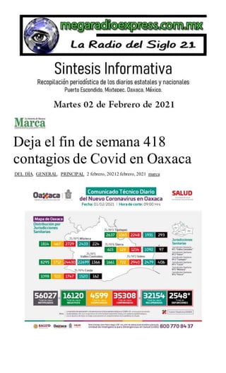 Deja el fin de semana 418
contagios de Covid en Oaxaca
DEL DÍA, GENERAL, PRINCIPAL 2 febrero, 20212 febrero, 2021 marca
 