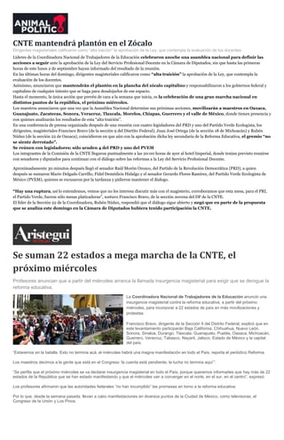 CNTE mantendrá plantón en el Zócalo
Dirigentes magisteriales calificaron como “alta traición” la aprobación de la Ley, que contempla la evaluación de los docentes.
Líderes de la Coordinadora Nacional de Trabajadores de la Educación celebraron anoche una asamblea nacional para definir las
acciones a seguir ante la aprobación de la Ley del Servicio Profesional Docente en la Cámara de Diputados, sin que hasta las primeras
horas de este lunes 2 de septiembre hayan informado del resultado de la reunión.
En las últimas horas del domingo, dirigentes magisteriales calificaron como “alta traición” la aprobación de la Ley, que contempla la
evaluación de los docentes.
Asimismo, anunciaron que mantendrán el plantón en la plancha del zócalo capitalino y responsabilizaron a los gobiernos federal y
capitalino de cualquier intento que se haga para desalojarlos de ese espacio.
Hasta el momento, la única acción que prevén de cara a la semana que inicia, es la celebración de una gran marcha nacional en
distintos puntos de la república, el próximo miércoles.
Los maestros anunciaron que una vez que la Asamblea Nacional determine sus próximas acciones, movilizarán a maestros en Oaxaca,
Guanajuato, Zacatecas, Sonora, Veracruz, Tlaxcala, Morelos, Chiapas, Guerrero y el valle de México, donde tienen presencia y
con quienes analizarán los resultados de esta “alta traición”.
En una conferencia de prensa organizada después de una reunión con cuatro legisladores del PRD y uno del Partido Verde Ecologista, los
dirigentes, magisteriales Francisco Bravo (de la sección 9 del Disrtito Federal), Juan José Ortega (de la sección 18 de Michoacán) y Rubén
Núñez (de la sección 22 de Oaxaca), coincidieron en que aún con la aprobación dicha ley secundaria de la Reforma Educativa, el gremio “no
se siente derrotado”.
Se reúnen con legisladores; sólo acuden 4 del PRD y uno del PVEM
Los integrantes de la Comisión de la CNTE llegaron puntualmente a las 20:00 horas de ayer al hotel Imperial, donde tenían previsto reunirse
con senadores y diputados para continuar con el diálogo sobre las reformas a la Ley del Servicio Profesional Docente.
Aproximadamente 30 minutos después llegó el senador Raúl Morón Orozco, del Partido de la Revolución Democrática (PRD), a quien
después se sumaron Mario Delgado Carrillo, Fidel Demédicis Hidalgo y el senador Gerardo Flores Ramírez, del Partido Verde Ecologista de
México (PVEM), quienes se excusaron por la tardanza y pidieron mantener el dialogo.
“Hay una ruptura, así lo entendemos, vemos que no les interesa discutir más con el magisterio, corroboramos que esta mesa, para el PRI,
el Partido Verde, fueron sólo mesas platicadoras”, sostuvo Francisco Bravo, de la sección novena del DF de la CNTE.
El líder de la Sección 22 de la Coordinadora, Rubén Núñez, respondió que el diálogo sigue abierto y negó que en parte de la propuesta
que se analiza este domingo en la Cámara de Diputados hubiera tenido participación la CNTE.
Se suman 22 estados a mega marcha de la CNTE, el
próximo miércoles
Profesores anuncian que a partir del miércoles arranca la llamada insurgencia magisterial para exigir que se derogue la
reforma educativa.
La Coordinadora Nacional de Trabajadores de la Educación anunció una
insurgencia magisterial contra la reforma educativa, a partir del próximo
miércoles, para incorporar a 22 estados de país en más movilizaciones y
protestas.
Francisco Bravo, dirigente de la Sección 9 del Distrito Federal, explicó que en
este levantamiento participarán Baja California, Chihuahua, Nuevo León,
Sonora, Sinaloa, Durango, Tlaxcala, Guanajuato, Puebla, Oaxaca, Michoacán,
Guerrero, Veracruz, Tabasco, Nayarit, Jalisco, Estado de México y la capital
del país.
“Estaremos en la batalla. Esto no termina acá, el miércoles habrá una magna manifestación en todo el País, reporta el periódico Reforma.
Los maestros decimos a la gente que está en el Congreso ‘la cuenta está pendiente, la lucha no termina aquí’”.
“Se perfila que el próximo miércoles se va declarar insurgencia magisterial en todo el País, porque queremos informarles que hay más de 22
estados de la República que se han estado manifestando y que el miércoles van a converger en el norte, en el sur, en el centro”, expresó.
Los profesores afirmaron que las autoridades federales “no han incumplido” las promesas en torno a la reforma educativa.
Por lo que, desde la semana pasada, llevan a cabo manifestaciones en diversos puntos de la Ciudad de México, como televisoras, el
Congreso de la Unión y Los Pinos.
 