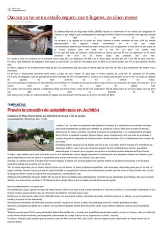 Oaxaca ya no es un estado seguro; cae 9 lugares, en cinco meses
Escrito Por Quadratín
El Sistema Nacional de Seguridad Pública (SNSP) reportó un incremento en los índices de inseguridad en
Oaxaca, lo que obligó a que la entidad pasara del lugar número 8 dentro de los estados más seguros a ocupar
el lugar 17 de la lista.
De acuerdo a un reporte en el portal del SNSP durante el primer semestre de este 2014 los índices
delincuenciales en algunos rubros aumentaron en un 100 por ciento.
Las estadísticas detallan que mientras de enero a mayo del 2013 se registraron un total de 4 mil 585 robos, en
el mismo periodo pero del 2014 van 4 mil 797 es decir 212 hurtos más.
En el caso del delito de violación, prácticamente se triplicó pues de 41 que se registraron en el primer
semestre del 2013 en el mismo lapso del presente año van 109.
En cuanto al robo con violencia en el semestre enero-mayo 2013 se registraron mil 434 y en el mismo lapso de este año van 1 mil 754 es decir 320 más.
En robo a casa habitación se registraron entre enero y mayo de 2013 un total de 716 asaltos, pero en 2014 en el mismo periodo van 771, lo que significa 51 robos
más.
En robo a negocio en el semestre enero-mayo de 2013 se presentaron 229, pero para el mismo lapso de este año van 420 lo que representa 191 asaltos más a
comercios.
En el robo a instituciones bancarias entre enero y mayo de 2013 fueron 19, pero para el mismo periodo de 2014 van 37, aumentó en 18 hurtos.
En el tema del abigeato o robo de ganado en el primer semestre de 2013 se registraron 27 hurtos y en el mismo periodo pero del 2014 van 120 robos de cabezas
de ganado, es decir aumentó en 93 el número de robos.
Otro rubro que llama la atención por el incremento, es el de Robo en Carretera en el cual de enero a mayo de 2013 se presentaron 24 casos y en este 2014 en el
mismo ciclo van 111, es decir 87 asaltos más.
En cuanto a los homicidios dolosos la estadística refiere que entre enero y mayo de 2013 se presentaron 192 de estos casos, en el mismo lapso pero del 2014
van 239, es decir un aumento de 47.
Hay rubros como el robo sin violencia donde se registra una disminución mínima pues en el primer semestre de 2013.
PrevénlacreacióndeautodefensasenJuchitán
Ciudadanía de Playa Vicente señala que defenderá tierras que la OLI se apropió
Diana MANZO/EL IMPARCIAL DEL ISTMO
Juchitán, Oax.- La falta de compromiso del Gobierno de Oaxaca y el abandono de la autoridad municipal
para resolver problemas sociales que enfrentan los juchitecos a diario, tales como invasión de tierras y
delincuencia en calles y avenidas, impulsará a creación de autodefensas, y no necesariamente armadas.
Así lo informó el cantautor juchiteco Gustavo López, quien recientemente vivió una serie de amenazas e
insultos de parte de integrantes de la Organización Libertad del Istmo (OLI), al defenderse de la invasión de
sus tierras.
El artista juchiteco aseguró que ha dejado todo por la paz y ha cedido ante el chantaje y la intimidación de
este grupo político, quien hace una semana se apoderó de dos hectáreas de su terreno, que estaba
destinado para la creación de un proyecto ecoturístico en beneficio de los habitantes de Playa Vicente.
Gustavo López detalló que la tarde del martes puso fin a la defensa de su tierra. Agregó que solicitó la intervención de la Secretaría General de Gobierno, pero
que la dependencia nunca se acercó ni se presentó para buscar una solución, al contrario, hizo caso omiso.
Ante ello, el juchiteco exhortó al alcalde Saúl Vicente Vásquez a realizar una consulta pública con quienes habitan en la cabecera municipal, a fin de que la
ciudadanía decida qué sucederá con las tierras.
"Por mi propia seguridad y de mi familia, dejé de luchas por mis tierras, no quiero problemas ni conflictos, sufrí amenazas, ahora sólo quiero paz en mi vida y a
seguir luchando, lamento mucho que esté en duda consolidar un proyecto tan hermoso como lo habíamos previsto, que era revivir a Playa Vicente, esta porción
de la laguna inferior, donde la mayor parte son pescadores y comerciantes", dijo.
Añadió que la justificación del grupo político OLI es que las tierras invadidas serán utilizadas para viviendas de sus integrantes, sin embargo, dijo que es incierto,
debido a que estas tierras se ubican a 11 kilómetros de la urbe juchiteca y que no existe una ruta de transporte regular.
Nos auto defenderemos, no hay de otra
Mariano Rosado López, agente municipal de Playa Vicente, informó que pese a que el artista abandonó la lucha de su terreno, la comunidad lo defenderá por sus
propios medios, pues lamentó la falta de intromisión del Gobierno municipal ante el caso.
Declaró que en este asunto, ellos se han defendido solos, con sus propios medios, colocando barricadas, tratando de buscar un diálogo, ya que los gobiernos
estatal y municipal no han intervenido.
Señaló que son alrededor de 80 familias quienes buscarán recuperar las tierras, a pesar de que el grupo social OLI intente adueñarse de ellas.
Asimismo, puntualizó que detrás de la invasión se encuentra el diputado federal Samuel Gurrión, quién busca obtener militancia para sus futuros proyectos
políticos.
"Sabemos que el grupo OLI lo mueve el diputado federal Samuel Gurrión, y también que él está financiando esta invasión, porque si lo logran, cada uno obtendrá
un lote dentro de las hectáreas y así lo seguirán políticamente, es la vieja práctica de los dirigentes en Juchitán", expresó.
Por último, Rosado López lamentó que los políticos, tanto del PRI como del PRD y del COCEI sólo han logrado dividir a las familias en Playa Vicente con la
situación eólica.
 