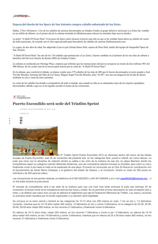 Esposa del dueño de los Spurs de San Antonio compra caballo subastado de los Zetas

Dallas, 2 Nov (Notimex).- Uno de los caballos de carreras decomisados en Estados Unidos al grupo delictivo mexicano Los Zetas fue vendido
en un millón de dólares, en el primer día de la subasta montada en Oklahoma para colocar los animales bajo nuevos dueños.

La potra “A Dash Of Sweet Heat” (Una pizca de dulce calor) alcanzó el precio más alto en que se ha vendido hasta ahora un caballo de cuarto
de milla americano, de acuerdo con el sitio especializado para buscadores de caballos de carreras Stallionesearch.com.

La yegua, de dos años de edad, fue adquirida el jueves por Juliana Hawn Holt, esposa de Peter Holt, dueño del equipo de basquetbol Spurs de
San Antonio.

“A Dash Of Sweet Heat” fue uno de los 138 caballos que pertenecían a Los Zetas y fueron vendidos en el primero de los tres días de subasta a
beneficio del Servicio Interno de Rentas (IRS) de Estados Unidos.

La subasta es conducida por Heritage Place, empresa que informó que las transacciones del jueves arrojaron un monto de dos millones 903 mil
800 dólares, de los cuales más de la tercera parte fueron por la venta de “A Dash Of Sweet Heat”.

En la subasta, que concluirá el sábado, se planea vender unos 379 caballos de los más de 400 que le fueron decomisados en junio pasado a José
Treviño Morales, hermano del líder de Los Zetas, Miguel Ángel Treviño Morales, alias “El 40”, tras una investigación de lavado de dinero
mediante la cría y venta de estos animales.

La venta de los caballos ha atraído a compradores de todo el mundo, aun cuando en ella no se subastarán cinco de los mejores ejemplares
decomisados, debido a que no se ha logrado acordar el monto de las comisiones.




Puerto Escondido será sede del Triatlón Sprint
       VIERNES, 02 DE NOVIEMBRE DE 2012 10:24

       AGENCIAS




                                             El 6º Triatlón Sprint Puerto Escondido 2012 se efectuará dentro del marco de las fiestas
anuales de Puerto Escondido, este 25 de noviembre del presente año, en las categorías libre, juvenil e infantil, así como relevos. La
justa que inicia con la disciplina de natación tendrá su salida a las ocho de la mañana de ese día, en playa Marinero donde los
competidores según su categoría cubrirán diferentes distancias, una vez concluida la natación tomaran su bicicleta, para cubrir su ruta y
finalmente correr a pie hasta la meta en la explanada de esa playa. El evento es convocado por el Club Sii Nukuá en coordinación con
el Ayuntamiento de Santa María Colotepec y el gobierno del estado de Oaxaca, y la inscripción, tendrá un costo de 300 pesos en
individual y de 400 para los relevo.

Las inscripciones se encuentran abiertas vía telefónica al 01(951)5203872 y 044 9511065555 y al e mail casa560402@hotmail.com ., ó
un día antes durante la junta previa.

El marcaje de competidores será a las siete de la mañana para que una hora mas tarde arranque la justa ese domingo 25 de
noviembre, el tiempo límite de la competencia será de dos horas y media. No se permitirá el torso descubierto en todo el trayecto (bici y
trote), y se deberá usar casco duro ya que se aplicará el reglamento que rige la Federación Mexicana de Triatlón. Los casos y acciones
no previstos serán resueltos por el comité organizador y su decisión será inapelable.

Se convoca en la rama varonil y femenil en las categorías de 10-13 años con 200 metros en nado, 7 km en bici y 1.5 kilómetros
corriendo, mientras que en 14-19 años nadan 400 metros, 14 kilómetros en bici y corren 3 kilómetros, en la categoría de 20-29, 30-39,
40-49. 50-59 años nadan 800 metros, en bici recorren 21 kilómetros y finalmente corren 6 kilómetros.

En relevos de 10-13 años mixto, nadan 200 metros, en bici recorren 7 kilómetros y corren a pie 1.5 kilómetros, en relevos de 14-19
años nadan 400 metros, en bici 14 kilómetros y corren 3 kilómetros, mientras que en relevos de 20 a 59 años nadan 800 metros, en bici
recorren 21 kilómetros y finalmente corren 6 kilómetros.
 