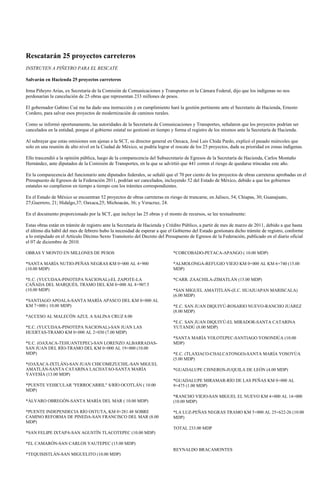 Rescatarán 25 proyectos carreteros
INSTRUYEN A PIÑEYRO PARA EL RESCATE

Salvarán en Hacienda 25 proyectos carreteros

Irma Piñeyro Arias, ex Secretaria de la Comisión de Comunicaciones y Transportes en la Cámara Federal, dijo que los indígenas no nos
perdonarían la cancelación de 25 obras que representan 233 millones de pesos.

El gobernador Gabino Cué me ha dado una instrucción y en cumplimiento haré la gestión pertinente ante el Secretario de Hacienda, Ernesto
Cordero, para salvar esos proyectos de modernización de caminos rurales.

Como se informó oportunamente, las autoridades de la Secretaría de Comunicaciones y Transportes, señalaron que los proyectos podrían ser
cancelados en la entidad, porque el gobierno estatal no gestionó en tiempo y forma el registro de los mismos ante la Secretaría de Hacienda.

Al subrayar que estas omisiones son ajenas a la SCT, su director general en Oaxaca, José Luis Chida Pardo, explicó el pasado miércoles que
solo en una reunión de alto nivel en la Ciudad de México, se podría lograr el rescate de los 25 proyectos, dada su prioridad en zonas indígenas.

Ello trascendió a la opinión pública, luego de la comparecencia del Subsecretario de Egresos de la Secretaría de Hacienda, Carlos Montaño
Hernández, ante diputados de la Comisión de Transportes, en la que se advirtió que 441 corren el riesgo de quedarse trincadas este año.

En la comparecencia del funcionario ante diputados federales, se señaló que el 70 por ciento de los proyectos de obras carreteras aprobadas en el
Presupuesto de Egresos de la Federación 2011, podrían ser cancelados, incluyendo 52 del Estado de México, debido a que los gobiernos
estatales no cumplieron en tiempo a tiempo con los trámites correspondientes.

En el Estado de México se encuentran 52 proyectos de obras carreteras en riesgo de truncarse, en Jalisco, 54; Chiapas, 30; Guanajuato,
27;Guerrero, 21; Hidalgo,37; Oaxaca,25; Michoacán, 36; y Veracruz, 24.

En el documento proporcionado por la SCT, que incluye las 25 obras y el monto de recursos, se lee textualmente:

Estas obras están en trámite de registro ante la Secretaría de Hacienda y Crédito Público, a partir de mes de marzo de 2011, debido a que hasta
el último día hábil del mes de febrero hubo la necesidad de esperar a que el Gobierno del Estado gestionara dicho trámite de registro, conforme
a lo estipulado en el Artículo Décimo Sexto Transitorio del Decreto del Presupuesto de Egresos de la Federación, publicado en el diario oficial
el 07 de diciembre de 2010.

OBRAS Y MONTO EN MILLONES DE PESOS                                          *CORCOBADO-PETACA-APANGO ( 10.00 MDP)

*SANTA MARÍA NUTIO-PEÑAS NEGRAS KM 0+000 AL 4+900                           *ALMOLONGA-REFUGIO VIEJO KM 0+000 AL KM 6+740 (15.00
(10.00 MDP)                                                                 MDP)

*E.C. (YUCUDAA-PINOTEPA NACIONAL)-EL ZAPOTE-LA                              *CARR. ZAACHILA-ZIMATLÁN (15.00 MDP)
CAÑADA DEL MARQUÉS, TRAMO DEL KM 0+000 AL 8+907.5
(10.00 MDP)                                                                 *SAN MIGUEL AMATITLÁN-(E.C. HUAJUAPAN MARISCALA)
                                                                            (6.00 MDP)
*SANTIAGO APOALA-SANTA MARÍA APASCO DEL KM 0+000 AL
KM 7+000 ( 10.00 MDP)                                                       *E.C. SAN JUAN DIQUIYÚ-ROSARIO NUEVO-RANCHO JUÁREZ
                                                                            (8.00 MDP)
*ACCESO AL MALECÓN AZUL A SALINA CRUZ 8.00
                                                                            *E.C. SAN JUAN DIQUIYÚ-EL MIRADOR-SANTA CATARINA
*E.C. (YUCUDAA-PINOTEPA NACIONAL)-SAN JUAN LAS                              YUTANDÚ (8.00 MDP)
HUERTAS-TRAMO KM 0+000 AL 2+030 (7.00 MDP)
                                                                            *SANTA MARÍA YOLOTEPEC-SANTIAGO YOSONDÚA (10.00
*E.C. (OAXACA-TEHUANTEPEC)-SAN LORENZO ALBARRADAS-                          MDP)
SAN JUAN DEL RÍO-TRAMO DEL KM 0+000 AL 19+000 (10.00
MDP)                                                                        *E.C. (TLAXIACO-CHALCATONGO)-SANTA MARÍA YOSOYÚA
                                                                            (5.00 MDP)
*(OAXACA-IXTLÁN)-SAN JUAN CHICOMEZUCHIL-SAN MIGUEL
AMATLÁN-SANTA CATARINA LACHATAO-SANTA MARÍA                                 *GUADALUPE CISNEROS-JUQUILA DE LEÓN (4.00 MDP)
YAVESÍA (13.00 MDP)
                                                                            *GUADALUPE MIRAMAR-RÍO DE LAS PEÑAS KM 0+000 AL
*PUENTE VEHICULAR "FERROCARRIL" S/RÍO OCOTLÁN ( 10.00                       9+475 (1.00 MDP)
MDP)
                                                                            *RANCHO VIEJO-SAN MIGUEL EL NUEVO KM 4+000 AL 14+000
*ÁLVARO OBREGÓN-SANTA MARÍA DEL MAR ( 10.00 MDP)                            (10.00 MDP)

*PUENTE INDEPENDECIA RÍO OSTUTA, KM 0+281.48 SOBRE                          *LA LUZ-PEÑAS NEGRAS TRAMO KM 5+000 AL 25+622-26 (10.00
CAMINO REFORMA DE PINEDA-SAN FRANCISCO DEL MAR (8.00                        MDP)
MDP)
                                                                            TOTAL 233.00 MDP
*SAN FELIPE IXTAPA-SAN AGUSTÍN TLACOTEPEC (10.00 MDP)

*EL CAMARÓN-SAN CARLOS YAUTEPEC (15.00 MDP)
                                                                            REYNALDO BRACAMONTES
*TEQUISISTLÁN-SAN MIGUELITO (10.00 MDP)
 