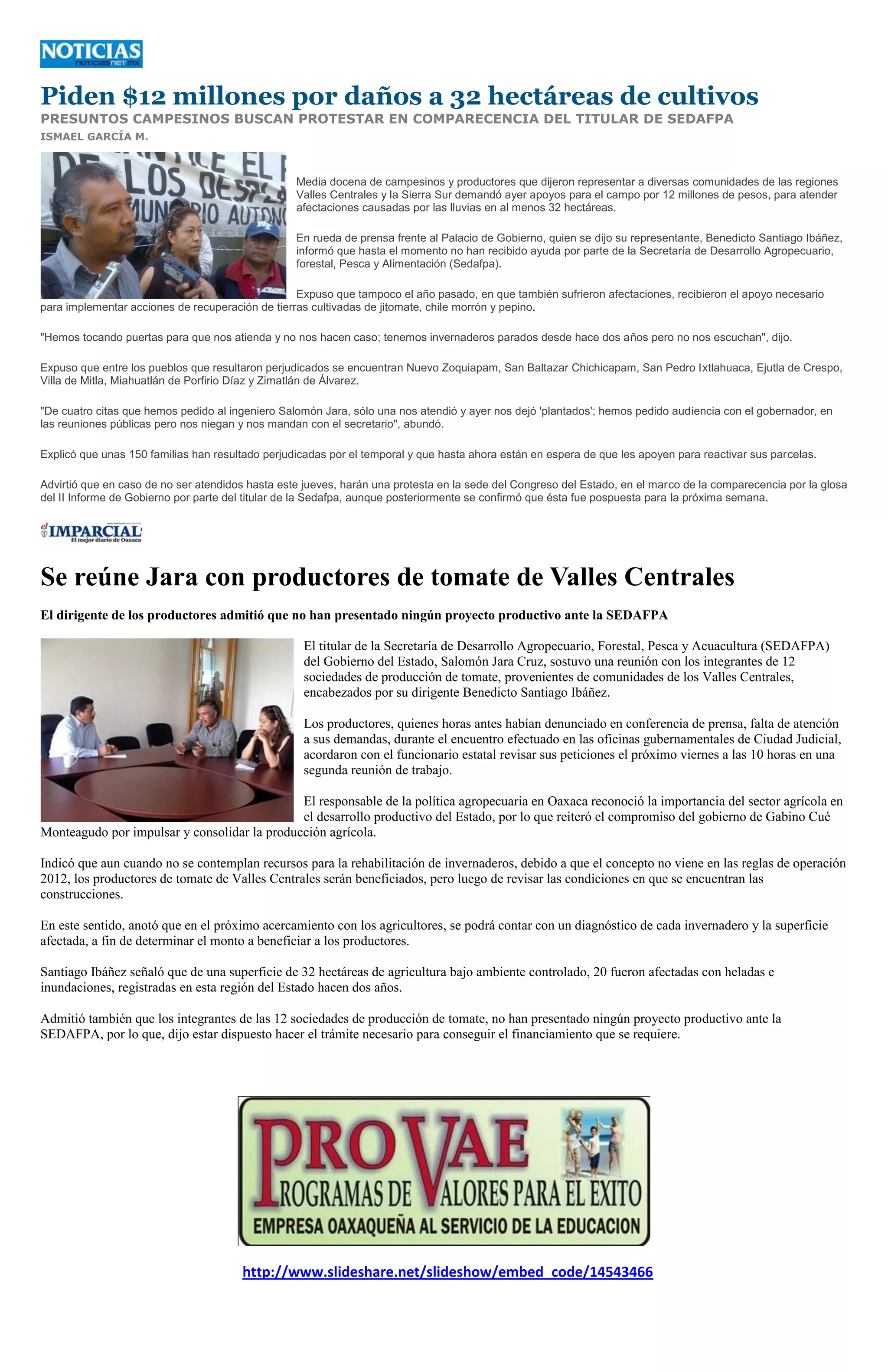 Piden $12 millones por daños a 32 hectáreas de cultivos
PRESUNTOS CAMPESINOS BUSCAN PROTESTAR EN COMPARECENCIA DEL TITULAR DE SEDAFPA
ISMAEL GARCÍA M.



                                                  Media docena de campesinos y productores que dijeron representar a diversas comunidades de las regiones
                                                  Valles Centrales y la Sierra Sur demandó ayer apoyos para el campo por 12 millones de pesos, para atender
                                                  afectaciones causadas por las lluvias en al menos 32 hectáreas.

                                                  En rueda de prensa frente al Palacio de Gobierno, quien se dijo su representante, Benedicto Santiago Ibáñez,
                                                  informó que hasta el momento no han recibido ayuda por parte de la Secretaría de Desarrollo Agropecuario,
                                                  forestal, Pesca y Alimentación (Sedafpa).

                                                  Expuso que tampoco el año pasado, en que también sufrieron afectaciones, recibieron el apoyo necesario
para implementar acciones de recuperación de tierras cultivadas de jitomate, chile morrón y pepino.

"Hemos tocando puertas para que nos atienda y no nos hacen caso; tenemos invernaderos parados desde hace dos años pero no nos escuchan", dijo.

Expuso que entre los pueblos que resultaron perjudicados se encuentran Nuevo Zoquiapam, San Baltazar Chichicapam, San Pedro Ixtlahuaca, Ejutla de Crespo,
Villa de Mitla, Miahuatlán de Porfirio Díaz y Zimatlán de Álvarez.

"De cuatro citas que hemos pedido al ingeniero Salomón Jara, sólo una nos atendió y ayer nos dejó 'plantados'; hemos pedido audiencia con el gobernador, en
las reuniones públicas pero nos niegan y nos mandan con el secretario", abundó.

Explicó que unas 150 familias han resultado perjudicadas por el temporal y que hasta ahora están en espera de que les apoyen para reactivar sus parcelas.

Advirtió que en caso de no ser atendidos hasta este jueves, harán una protesta en la sede del Congreso del Estado, en el marco de la comparecencia por la glosa
del II Informe de Gobierno por parte del titular de la Sedafpa, aunque posteriormente se confirmó que ésta fue pospuesta para la próxima semana.




Se reúne Jara con productores de tomate de Valles Centrales
El dirigente de los productores admitió que no han presentado ningún proyecto productivo ante la SEDAFPA

                                                   El titular de la Secretaría de Desarrollo Agropecuario, Forestal, Pesca y Acuacultura (SEDAFPA)
                                                   del Gobierno del Estado, Salomón Jara Cruz, sostuvo una reunión con los integrantes de 12
                                                   sociedades de producción de tomate, provenientes de comunidades de los Valles Centrales,
                                                   encabezados por su dirigente Benedicto Santiago Ibáñez.

                                                   Los productores, quienes horas antes habían denunciado en conferencia de prensa, falta de atención
                                                   a sus demandas, durante el encuentro efectuado en las oficinas gubernamentales de Ciudad Judicial,
                                                   acordaron con el funcionario estatal revisar sus peticiones el próximo viernes a las 10 horas en una
                                                   segunda reunión de trabajo.

                                              El responsable de la política agropecuaria en Oaxaca reconoció la importancia del sector agrícola en
                                              el desarrollo productivo del Estado, por lo que reiteró el compromiso del gobierno de Gabino Cué
Monteagudo por impulsar y consolidar la producción agrícola.

Indicó que aun cuando no se contemplan recursos para la rehabilitación de invernaderos, debido a que el concepto no viene en las reglas de operación
2012, los productores de tomate de Valles Centrales serán beneficiados, pero luego de revisar las condiciones en que se encuentran las
construcciones.

En este sentido, anotó que en el próximo acercamiento con los agricultores, se podrá contar con un diagnóstico de cada invernadero y la superficie
afectada, a fin de determinar el monto a beneficiar a los productores.

Santiago Ibáñez señaló que de una superficie de 32 hectáreas de agricultura bajo ambiente controlado, 20 fueron afectadas con heladas e
inundaciones, registradas en esta región del Estado hacen dos años.

Admitió también que los integrantes de las 12 sociedades de producción de tomate, no han presentado ningún proyecto productivo ante la
SEDAFPA, por lo que, dijo estar dispuesto hacer el trámite necesario para conseguir el financiamiento que se requiere.




                                       http://www.slideshare.net/slideshow/embed_code/14543466
 