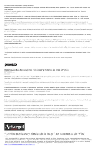 La construcción de una verdadera comisión de salarios.
Para Alfonso Bouzas, autor del libro Análisis sucinto de los tópicos más importantes de las iniciativas de reforma laboral PAN y PRD, la fijación del salario debe realizarse “bajo
reglas de equidad”.
A su juicio, “la definición de salario mínimo tendría que ser hecha por una instancia con competencia, con conocimiento, y esa instancia responder al Poder Legislativo,
particularmente al Senado”.
El abogado quien fue galardonado con el “Premio de Investigación Laboral” en el 2000 por su obra Legislación laboral para el nuevo milenio, va más allá y asegura que la
Conasami debe ser una instancia autónoma al poder ejecutivo con bases científicas muy serias que le permitieran desdoblar la economía durante un año y poder distribuir el
crecimiento de tal forma.
José Luis de la Cruz coincide con Bouzas y sostiene que se necesita ampliar una comisión de salarios con una estrategia vinculada al sistema productivo, con la acción de
gobierno, la sociedad civil y universidades que “permita encontrar una estrategia que fortalezca el salario, sin generar efectos colaterales que lo hagan insustentable en el mediano
plazo”.
Para el 2014, la Conasami incluyó en su plan de trabajo elevar los niveles de vida de los trabajadores asalariados y al combate a la pobreza. Sin embargo, han pasado siete meses
y no se ven resultados.
Mientras tanto, el secretario del Trabajo alardeó del trabajo de la Comisión al declarar que “con mucha voluntad, siempre han procurado que haya una estabilidad y paz laboral y
que las fuentes de trabajo se preserven, al margen de las posiciones críticas que existen al respecto, eso es un hecho”.
Pero eso no es suficiente, asegura el mejor profesor investigador del Tecnológico de Monterrey en el 2010, quien apremia: “Es momento de un acuerdo por el momento productivo
y social del país. El pacto por México fue un pacto entre políticos y se entendía en ese momento, pero quien mueve la economía son las familias, las empresas y la acción del
gobierno que fortalezca a los otros”.
Si bien, en los años ochenta se realizó un pacto para estabilizar los precios, los salarios y el tipo de cambio, José Luis de la Cruz advierte que es necesaria una vuelta de tuerca en
el tema:
“Es momento en que se forme una agenda donde estos esfuerzos empiecen a caminar en este sentido y que se tenga una estrategia, que por su naturaleza no será en el corto
plazo”
Estar a este nivel (de precarización salarial) nos ha llevado más de 30 años, no podemos aspirar en salir en cinco, advierte el especialista.
Desarticulan banda que al mes “ordeñaba” 2 millones de litros a Pemex
PATRICIA DÁVILA
6 DE AGOSTO DE 2014
DESTACADO
MÉXICO, D.F. (apro).- La Procuraduría General de la República (PGR) desarticuló a una banda de cinco personas dedicada al robo de aproximadamente dos millones de litros de
combustible al mes y que operaba en Querétaro, Distrito Federal y Jalisco.
Tomás Zerón de Lucio, director de la Agencia de Investigación Criminal de la dependencia, informó en conferencia de prensa que se realizaron 14 cateos en los estados
mencionados.
A los detenidos les aseguraron 10 inmuebles, 21 tractocamiones, 28 remolques, 30 equipos de telefonía celular, ocho autos, 17 camionetas y cinco motocicletas de lujo, cuatro
armas cortas, una arma larga de uso exclusivo del Ejército, 190 cartuchos de diversos calibres, 15 relojes finos, sofisticadas joyas, una máquina contadora de dinero, una báscula
digital, 12 tanques de almacenamiento metálicos, tres tinacos y diversos equipos de cómputo.
Además, se les decomisaron 250 mil litros de hidrocarburo, el cual ya se regresó a las instalaciones de Pemex, así como siete millones 900 mil pesos y 20 mil dólares americanos
en efectivo.
Zerón de Lucio aseguró que en el operativo se detectaron dos tomas clandestinas que utilizaba la organización criminal para sustraer y aprovechar el hidrocarburo refinado. Los
accesos fueron clausurados por personal especializado de Petróleos Mexicanos.
Presumió que el combustible que robaban lo vendían principalmente en el norte del país, donde hay gasolineras aseguradas por la venta de combustible robado.
El funcionario agregó que los detenidos fueron ingresados al Cefereso 5 de Perote, Veracruz, acusados de los delitos de aprovechamiento de hidrocarburos, delincuencia
organizada, posesión de armas de fuego y operaciones con recursos de procedencia ilícita. En las próximas horas el juez correspondiente determinará su situación jurídica.
La detención se logró tras una averiguación realizada por la Unidad Especializada en Investigación de Robo de Hidrocarburos de la Subprocuraduría Especializada en
Investigación de Delincuencia Organizada y la Agencia de Investigación Criminal de la PGR, en coordinación con la Policía Federal, el Centro de Investigación y Seguridad
Nacional, las secretaría de Marina y de la Defensa Nacional, así como Pemex, a través de su área de seguridad.
“Petróleo mexicano y cárteles de la droga”, un documental de ‘Vice’
7:49 am
VICE México y VICE EU realizaron este documental, que muestra que además de traficar drogas como cocaína, mariguana y metanfetaminas, los
cárteles en México diversificaron sus negocios: ahora roban hidrocarburos. El crimen organizado le roba a Pemex cerca de diez mil barriles de petróleo
todos los días, a través de tomas clandestinas. Pemex calcula que las pérdidas por el petróleo robado ascienden a más de 65 mil millones de pesos.
Este petróleo se vende en el mercado negro a industrias, gasolineras, particulares e incluso a empresas estadunidenses.
https://www.youtube.com/watch?v=mPEfArQU7tc
 