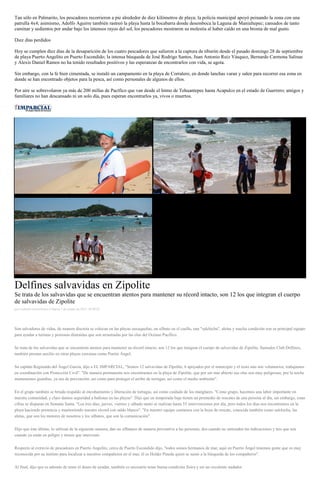 Tan sólo en Palmarito, los pescadores recorrieron a pie alrededor de diez kilómetros de playa; la policía municipal apoyó peinando la zona con una patrulla 4x4; asimismo, Adolfo Aguirre también rastreó la playa hasta la bocabarra donde desemboca la Laguna de Manialtepec; cansados de tanto caminar y sedientos por andar bajo los intensos rayos del sol, los pescadores mostraron su molestia al haber caído en una broma de mal gusto. 
Diez días perdidos 
Hoy se cumplen diez días de la desaparición de los cuatro pescadores que salieron a la captura de tiburón desde el pasado domingo 28 de septiembre de playa Puerto Angelito en Puerto Escondido; la intensa búsqueda de José Rodrigo Santos, Juan Antonio Ruiz Vásquez, Bernardo Carmona Salinas y Alexis Daniel Ramos no ha tenido resultados positivos y las esperanzas de encontrarlos con vida, se agota. 
Sin embargo, con la fe bien cimentada, se instaló un campamento en la playa de Corralero, en donde lanchas varan y salen para recorrer esa zona en donde se han encontrado objetos para la pesca, así como personales de algunos de ellos. 
Por aire se sobrevolaron ya más de 200 millas de Pacífico que van desde el Istmo de Tehuantepec hasta Acapulco en el estado de Guerrero; amigos y familiares no han descansado ni un solo día, pues esperan encontrarlos ya, vivos o muertos. 
Delfines salvavidas en Zipolite Se trata de los salvavidas que se encuentran atentos para mantener su récord intacto, son 12 los que integran el cuerpo de salvavidas de Zipolite por Leobardo García Reyes el Martes 7 de octubre de 2014 - 05:00:02 Son salvadores de vidas, de manera discreta se colocan en las playas oaxaqueñas, un silbato en el cuello, una "salchicha", aletas y mucha condición son su principal equipo para ayudar a turistas y personas distraídas que son arrastradas por las olas del Océano Pacífico. Se trata de los salvavidas que se encuentran atentos para mantener su récord intacto, son 12 los que integran el cuerpo de salvavidas de Zipolite, llamados Club Delfines, también prestan auxilio en otras playas cercanas como Puerto Ángel. Su capitán Reginaldo del Ángel García, dijo a EL IMPARCIAL, "Somos 12 salvavidas de Zipolite, 6 apoyados por el municipio y el resto aún son voluntarios, trabajamos en coordinación con Protección Civil". "De manera permanente nos encontramos en la playa de Zipolite, que por ser mar abierto sus olas son muy peligrosas, por la noche mantenemos guardias, ya sea de prevención, así como para proteger el arribo de tortugas, así como el medio ambiente". En el grupo también se brinda respaldo al encubamiento y liberación de tortugas, así como cuidado de los manglares. "Como grupo, hacemos una labor importante en nuestra comunidad, y claro damos seguridad a bañistas en las playas". Dijo que en temporada baja tienen un promedio de rescates de una persona al día, sin embargo, estas cifras se disparan en Semana Santa. "Los tres días, jueves, viernes y sábado santo se realizan hasta 55 intervenciones por día, pero todos los días nos encontramos en la playa haciendo presencia y manteniendo nuestro récord con saldo blanco". "En nuestro equipo contamos con la boya de rescate, conocida también como salchicha, las aletas, que son los motores de nosotros y los silbatos, que son la comunicación". Dijo que éste último, lo utilizan de la siguiente manera, dan un silbatazo de manera preventiva a las personas, dos cuando no entienden las indicaciones y tres que son cuando ya están en peligro y tienen que intervenir. Respecto al extravío de pescadores en Puerto Angelito, cerca de Puerto Escondido dijo, "todos somos hermanos de mar, aquí en Puerto Ángel tenemos gente que es muy reconocida por su instinto para localizar a nuestros compañeros en el mar, él es Helder Pineda quien se sumó a la búsqueda de los compañeros". Al final, dijo que es además de tener el deseo de ayudar, también es necesario tener buena condición física y ser un excelente nadador.  