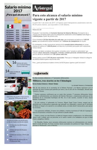 Para esto alcanza el salario mínimo
vigente a partir de 2017
A partir del 1 de enero de 2017, el ingreso para trabajadores asalariados será de
80.04 pesos diarios, que equivalen a 3.94 dólares.
(Foto: Cuartoscuro/Armando Monroy)
Redacción AN
El pasado 1 de diciembre, la Comisión Nacional de Salarios Mínimos (Conasami) dio a
conocer que el ingreso diario para los trabajadores asalariados subirá 4 pesos hasta llegar a
los80.04 pesos a partir del próximo año.
Si se consideran 24 días laborales de cada mes, ese incremento se traduce en 1,923.36
pesos, que actualmente reciben alrededor de 7 millones de trabajadores en el país.
En contraparte, el valor mensual por persona de la canasta básica alimentaria en zonas
urbanas se estima en 1,346.46 pesos; se trata de un promedio que puede sufrir variaciones
incluso diarias.
También se deben considerar otros gastos conocidos como “canasta no alimentaria” que
incluyen salud, educación, transporte, vivienda, cuidado personal, entretenimiento y ropa,
que se calcula en alrededor de 1,361 pesos cada mes.
Ambos gastos suman 2,707.46 pesos mensuales. Para que un trabajador rebase la categoría
de pobreza debería ganar más de esa cifra.
Pero, ¿para qué alcanza el salario mínimo de 80.04 pesos vigente a partir de enero?
En días recientes abatieron a 17 presuntos delincuentes
Militares, tras sicarios en los Chimalapas
SAYDA CHIÑAS CÓRDOVA Y EIRINET GÓMEZ
La Jornada Veracruz y Corresponsal
Más de cien efectivos de la secretarías de la Defensa Nacional y de Marina ingresaron ayer al
municipio de Jesús Carranza para patrullar por tierra y aire la selva de los Chimalapas, ubicada entre
Veracruz y Oaxaca.
Fuentes castrenses confirmaron que en cuatro días recientes 17 presuntos delincuentes fueron
abatidos en enfrentamientos con elementos del Ejército Mexicano y corporaciones policiacas en los
alrededores de la comunidad Suchilapan del Río. En el más reciente, ocurrido el lunes, fueron
abatidos 14 pistoleros.
En este contexto, el gobernador de Veracruz, Miguel Ángel Yunes Linares, aseguró que no
permitirán que la delincuencia organizada siga operando con impunidad y anunció que la Secretaría
de Marina se integró a los operativos con unidades aéreas, enviadas desde Coatzacoalcos, para apoyar
las revisiones.
Con camionetas artilladas, al menos cien soldados y marinos recorrieron el Valle de Uxpanapa en
busca de 20 presuntos criminales a los que enfrentó el pasado sábado.
Vamos a actuar con toda firmeza; no habrá de ninguna manera complacencia a los delincuentes,
vamos a salir y señalar, pero con precisión; no le vamos a mentir a los ciudadanos con que se roban
Frutsis y pingüinos, finalizó.
En Mazatlán, Sinaloa, nueve presuntos delincuentes murieron en enfrentamientos con marinos
desde la noche del lunes. En horas recientes fueron asesinados tres policías de Teapa, Tabasco; dos
personas en Michoacán y otra en Morelos.
 