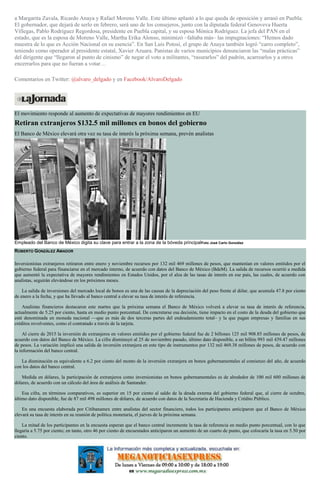 a Margarita Zavala, Ricardo Anaya y Rafael Moreno Valle. Este último aplastó a lo que queda de oposición y arrasó en Puebla:
El gobernador, que dejará de serlo en febrero, será uno de los consejeros, junto con la diputada federal Genoveva Huerta
Villegas, Pablo Rodríguez Regordosa, presidente en Puebla capital, y su esposa Mónica Rodríguez. La jefa del PAN en el
estado, que es la esposa de Moreno Valle, Martha Erika Alonso, minimizó –faltaba más– las impugnaciones: “Hemos dado
muestra de lo que es Acción Nacional en su esencia”. En San Luis Potosí, el grupo de Anaya también logró “carro completo”,
teniendo como operador al presidente estatal, Xavier Azuara. Panistas de varios municipios denunciaron las “malas prácticas”
del dirigente que “llegaron al punto de cinismo” de negar el voto a militantes, “rasurarlos” del padrón, acarrearlos y a otros
encerrarlos para que no fueran a votar…
Comentarios en Twitter: @alvaro_delgado y en Facebook/AlvaroDelgado
El movimiento responde al aumento de expectativas de mayores rendimientos en EU
Retiran extranjeros $132.5 mil millones en bonos del gobierno
El Banco de México elevará otra vez su tasa de interés la próxima semana, prevén analistas
Empleado del Banco de México digita su clave para entrar a la zona de la bóveda principalFoto José Carlo González
ROBERTO GONZÁLEZ AMADOR
Inversionistas extranjeros retiraron entre enero y noviembre recursos por 132 mil 469 millones de pesos, que mantenían en valores emitidos por el
gobierno federal para financiarse en el mercado interno, de acuerdo con datos del Banco de México (BdeM). La salida de recursos ocurrió a medida
que aumentó la expectativa de mayores rendimientos en Estados Unidos, por el alza de las tasas de interés en ese país, las cuales, de acuerdo con
analistas, seguirán elevándose en los próximos meses.
La salida de inversiones del mercado local de bonos es una de las causas de la depreciación del peso frente al dólar, que acumula 47.8 por ciento
de enero a la fecha, y que ha llevado al banco central a elevar su tasa de interés de referencia.
Analistas financieros destacaron este martes que la próxima semana el Banco de México volverá a elevar su tasa de interés de referencia,
actualmente de 5.25 por ciento, hasta en medio punto porcentual. De concretarse esa decisión, tiene impacto en el costo de la deuda del gobierno que
esté denominada en moneda nacional —que es más de dos terceras partes del endeudamiento total– y la que pagan empresas y familias en sus
créditos revolventes, como el contratado a través de la tarjeta.
Al cierre de 2015 la inversión de extranjeros en valores emitidos por el gobierno federal fue de 2 billones 125 mil 908.85 millones de pesos, de
acuerdo con datos del Banco de México. La cifra disminuyó al 25 de noviembre pasado, último dato disponible, a un billón 993 mil 439.47 millones
de pesos. La variación implicó una salida de inversión extranjera en este tipo de instrumentos por 132 mil 469.38 millones de pesos, de acuerdo con
la información del banco central.
La disminución es equivalente a 6.2 por ciento del monto de la inversión extranjera en bonos gubernamentales al comienzo del año, de acuerdo
con los datos del banco central.
Medida en dólares, la participación de extranjeros como inversionistas en bonos gubernamentales es de alrededor de 100 mil 600 millones de
dólares, de acuerdo con un cálculo del área de análisis de Santander.
Esa cifra, en términos comparativos, es superior en 15 por ciento al saldo de la deuda externa del gobierno federal que, al cierre de octubre,
último dato disponible, fue de 87 mil 498 millones de dólares, de acuerdo con datos de la Secretaría de Hacienda y Crédito Público.
En una encuesta elaborada por Citibanamex entre analistas del sector financiero, todos los participantes anticiparon que el Banco de México
elevará su tasa de interés en su reunión de política monetaria, el jueves de la próxima semana.
La mitad de los participantes en la encuesta esperan que el banco central incremente la tasa de referencia en medio punto porcentual, con lo que
llegaría a 5.75 por ciento; en tanto, otro 46 por ciento de encuestados anticiparon un aumento de un cuarto de punto, que colocaría la tasa en 5.50 por
ciento.
 