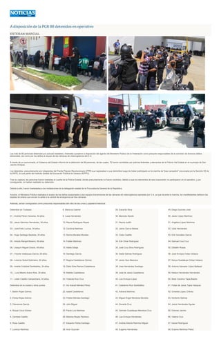 A disposición de la PGR 88 detenidos en operativo
ESTEBAN MARCIAL
Las más de 80 personas detenidas por policías estatales y federales quedaron a disposición del agente del Ministerio Público de la Federación como presunto responsables de la comisión de diversos delitos
electorales, así como por los daños al equipo de las cámaras de videovigilancia del C-4.
A través de un comunicado, el Gobierno del Estado informó de la detención de 88 personas, de las cuales, 70 fueron sometidas por policías federales y elementos de la Policía Vial Estatal en el municipio de San
Jacinto Amilpas.
Los detenidos, presuntamente son integrantes del Frente Popular Revolucionario (FPR) que regresaban a sus domicilios luego de haber participado en la marcha de "pies cansados" convocada por la Sección 22 de
la SNTE, la cual partió del Instituto Estatal de Educación Pública de Oaxaca (IEPPO).
Tras su captura, las personas fueron trasladas al cuartel de la Policía Estatal, donde presuntamente no fueron recibidos, debido a que los elementos de esa corporación no participaron en el operativo, y por
consiguiente, no habían realizado su detención.
Debido a ello, fueron trasladados a las instalaciones de la delegación estatal de la Procuraduría General de la República.
Anoche, el Ministerio Público realizaba el avalúo de los daños ocasionados a los equipos transmisores de las cámaras de videovigilancia operadas por C-4, ya que durante la marcha, los manifestantes dañaron las
tarjetas de enlace que envían la señal a la central de emergencia de tres cámaras.
Además, serían consignados como presuntos responsables del robo de las urnas y papelería electoral.
Detenidos en Tuxtepec
01.- Andrés Pérez Cisneros, 34 años.
02.- Jesús Sánchez Hernández, 34 años.
03.- José Fello Luchas, 39 años.
04.- Hugo Santiago Bautista, 35 años.
05.- Antulio Rangel Moreno, 56 años.
06.- Joaquín Miguel Gracía, 49 años.
07.- Vicente Velásquez García, 38 años.
08.- Lorenzo Nobel Solórzano, 50 años.
09.- Imelda Cristóbal Santibáñez, 34 años.
10.- -Luis Alberto Arano Ríos, 30 años.
11.- Julián Castillo Campechano, 42 años.
Detenidos en la ciudad y otros puntos
1. Bailón Rojas Gómez
2. Eloísa Rojas Gómez
3. Clemencia García
4. Roque Coca Gómez
5. Carmela Castillo
6. Rosa Castillo
7. Lorenzo Martínez
8. Maricruz Gabriel
9. Luisa Hernández
10. Reyna Rodríguez Reyes
12. Carolina Martínez
13. Norma Morales Morales
14. Fabián Martínez
15. Adela Sibaja
16. Santiago García
17. Regina Castellanos Gómez
18. Dalia Erika Ramos Castellanos
19. Matilde Castellanos
20. Yolanda Ruiz Cruz
21. Iris Araceli Méndez Pérez
22. Isabel Castellanos
23. Fidelia Méndez Santiago
24. Julio Miguel
25. Paula Luis Martínez
26. Máxima Reyes Pacheco.
27. Eduardo Palma Santiago
28. Aron Guzmán
29. Eduardo Silva
30. Maricela Alavés
31. Reyna Judith
32. Jaime García Matías
33. Celso Castillo
34. Erik Omar Rodríguez
35. José Cruz Silva Rodríguez
36. Saida Salinas Rodríguez
37. Javier Aluz Mancera
38. José Hernández Santiago
39. José de Jesús Castellanos
40. Luis Enrique López
41. Celedonio Ruiz Santibáñez
42. Adriana Martínez
43. Miguel Ángel Mendoza Morales
44. Zenaida Cruz
45. Germán Guadalupe Mendoza Cruz
46. Luis Enrique Hernández
47. Andrés Alberto Ramírez Miguel
48. Eugenio Hernández
49. Diego Guzmán José
50. Javier López Martínez
51. Angélica López Martínez
52. Uziel Hernández
53. Erik González García
54. Samuel Cruz Cruz
55. Diblallin Rosas
56. José Enrique Ordaz Velasco
57. Kenya Guadalupe Ordaz Velasco
58. Antonio Salvador López Baltazar
59. Nelson Hernández Hernández
60. Betzi Carolina Tapia Basilio
61. Felipe de Jesús Tapia Vázquez
62. Griselda López Chávez
63. Norberto Salinas
64. Jesús Hernández Aguilar
65. Dolores Jacinto
66. Valeria Cruz
67. Daniel Rodríguez
68. Erasmo Martínez Pérez
 