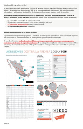 ¿Hay libertad de expresión en México?
De acuerdo al artículo 19 de la Declaración Universal de Derechos Humanos “todo individuo tiene derecho a la libertad de
opinión y de expresión; este derecho incluye el de no ser molestado a causa de sus opiniones, el de investigar y recibir
informaciones y opiniones, y el de difundirlas, sin limitación de fronteras, por cualquier medio de expresión.”
Así que en el papel podríamos decir que sí: la constitución mexicana incluye este derecho. Pero en la
práctica la realidad es muy diferente.Algunos datos que nos dan el verdadero panorama de la libertad de expresión:
93 periodistas asesinados de 2000 a abril de 2016
20 periodistas asesinados durante el actual sexenio de Enrique Peña Nieto
23 periodistas desaparecidos de 2003 a febrero de 2016
397 agresiones a periodistas sólo en 2015
¿Quién es responsable de que sea un derecho en riesgo?
El gobierno mexicano podrá entregar premios a periodistas en este día y decir que en México existe la libertad de expresión,
pero nuevamente los números desmienten las bonitas palabras que se le dedican a este derecho.
De acuerdo a Artículo 19 los funcionarios públicos son los que representan una mayor amenaza para los
periodistas y la libertad de expresión en México: de las 397 agresiones 165 fueron realizadas por servidores públicos
sólo en 2015. El recuento de 2009 a 2015 señala que las autoridades son responsables de casi la mitad de las agresiones
(46.9%).
Artículo 19
 