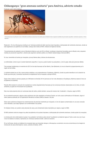 Chikungunya: “gran amenaza sanitaria” para América, advierte estudio
Publicado: julio 8, 2014, 9:48 am
“Concentraciones de población como el Mundial constituyen situaciones favorables para la difusión viral y requieren medidas de prevención específica”, advierten expertos // Foto:
Especial
Redacción.- El virus chikungunya constituye una “amenaza sanitaria de talla” para las zonas tropicales y subtropicales del continente americano, donde se
está registrando una epidemia en las Antillas, subraya este martes el INVS, Instituto de Vigilancia francés.
“Concentraciones de población como el Mundial de fútbol en junio de 2014 en Brasil, constituyen situaciones favorables para la difusión viral y requieren
medidas de prevención específica”, advierte este organismo sanitario público en el Boletín Epidemiológico Semanal (BEH).
El virus, transmitido al hombre por mosquitos, provoca fiebres altas y dolores de articulaciones.
La enfermedad, contra la que no existe tratamiento específico ni vacuna, puede resultar muy perjudicial y, como la gripe, letal para personas débiles.
Tras emerger brutalmente en noviembre de 2013 en las islas francesas de San Martín y San Bartolomé, el virus se diseminó progresivamente por la
región de las Antillas.
La epidemia afecta hoy en día a varios países caribeños y muy especialmente a Guadalupe y Martinica, donde se puede intensificar con la estación de
lluvias que entre julio y noviembre favorecerá la multiplicación de los mosquitos, subraya el INVS.
Según cifras citadas la semana pasada por el Ministerio de Sanidad, 90 mil personas se han visto afectadas en Guadalupe y Martinica desde el inicio de
la epidemia en diciembre.
Resulta difícil predecir la evolución de la epidemia en ambos departamentos franceses por los numerosos factores relacionados con el clima, el medio
ambiente y el grado de inmunización de la población.
Este virus está presente ahora en numerosas islas del caribe y afecta también, aunque de manera más “moderada”, a Guyana, según el INVS.
En el continente americano, algunos casos autóctonos han sido reseñados en América Central, con ocho casos confirmados en El Salvador, según el
último balance publicado por la Organización Mundial de la Salud (OMS) el pasado 3 de julio.
Estos casos autóctonos designan las contaminaciones de personas localmente por mosquitos, no los de viajeros contaminados en una zona conocida
como infectada y que luego regresan con la enfermedad a sus países.
En Estados Unidos, se cuentan varias decenas de casos, pero oficialmente todos importados por viajeros, según la OMS.
El INVS advierte contra los riesgos muy altos de epidemia en los países tropicales o subtropicales del continente americano, donde pululan los mosquitos.
La introducción de la enfermedad en países “muy poblados” de América Latina donde “la población es totalemte ingenua” frente a este virus con el que
nunca ha estado en contacto, representa una “amenaza sanitaria de talla”, estima el oranismo.
El sur de Europa, donde se multiplican los mosquitos tigre que transmiten dengue y chikungunya, es asimismo una zona concernida por los riesgos de
introducción de esta enfermedad en verano, advierte el Instituto. (AFP)
 