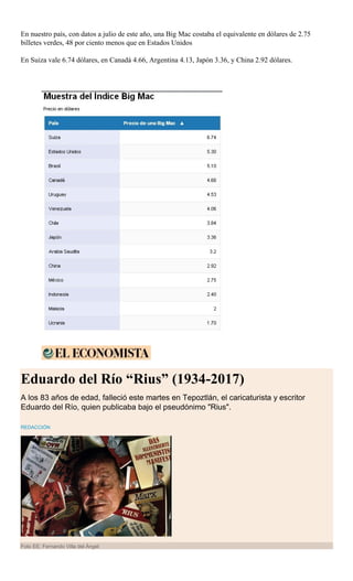 En nuestro país, con datos a julio de este año, una Big Mac costaba el equivalente en dólares de 2.75
billetes verdes, 48 por ciento menos que en Estados Unidos
En Suiza vale 6.74 dólares, en Canadá 4.66, Argentina 4.13, Japón 3.36, y China 2.92 dólares.
Eduardo del Río “Rius” (1934-2017)
A los 83 años de edad, falleció este martes en Tepoztlán, el caricaturista y escritor
Eduardo del Río, quien publicaba bajo el pseudónimo "Rius".
REDACCIÓN
Foto EE: Fernando Villa del Ángel
 