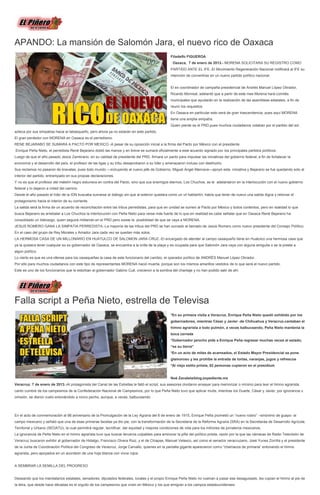 APANDO: La mansión de Salomón Jara, el nuevo rico de Oaxaca
                                                                                                   Filadelfo FIGUEROA
                                                                                                    Oaxaca, 7 de enero de 2013.- MORENA SOLICITARA SU REGISTRO COMO
                                                                                                   PARTIDO ANTE EL IFE.-El Movimiento Regeneración Nacional notificará al IFE su
                                                                                                   intención de convertirse en un nuevo partido político nacional.


                                                                                                   El ex coordinador de campaña presidencial de Andrés Manuel López Obrador,
                                                                                                   Ricardo Monreal, adelantó que a partir de este mes Morena hará comités
                                                                                                   municipales que ayudarán en la realización de las asambleas estatales, a fin de
                                                                                                   reunir los requisitos.
                                                                                                   En Oaxaca en particular esto será de gran trascendencia, pues aquí MORENA
                                                                                                   tiene una amplia simpatía.
                                                                                                   Quien pierde es el PRD,pues muchos ciudadanos votaban por el partido del sol
azteca por sus simpatías hacia el tabasqueño, pero ahora ya no estarán en este partido.
El gran perdedor con MORENA en Oaxaca es el perredismo.
RENE BEJARABO SE SUMARA A PACTO POR MEXICO.-A pesar de su oposición inicial a la firma del Pacto por México con el presidente
Enrique Peña Nieto, el perredista René Bejarano dobló las manos y en breve se sumará oficialmente a este acuerdo signado por los principales partidos políticos.
Luego de que el año pasado Jesús Zambrano, en su calidad de presidente del PRD, firmara un pacto para impulsar las iniciativas del gobierno federal, a fin de fortalecer la
economía y el desarrollo del país, el profesor de las ligas y su tribu desaprobaron a su líder y amenazaron incluso con destituirlo.
Sus reclamos no pasaron de bravatas, pues todo mundo —incluyendo al nuevo jefe de Gobierno, Miguel Ángel Mancera—apoyó esta iniciativa y Bejarano se fue quedando solo al
interior del partido, entrampado en sus propias declaraciones.
Y no es que el profesor del maletín negro estuviera en contra del Pacto, sino que sus enemigos eternos, Los Chuchos, se le adelantaron en la interlocución con el nuevo gobierno
federal y lo dejaron a mitad del camino.
Desde el año pasado el líder de la IDN buscaba sumarse al diálogo sin que al exterior quedara como un vil hablantín; había que tener de nuevo una salida digna y retomar el
protagonismo hacia el interior de su corriente.
La salida será la firma de un acuerdo de reconciliación entre las tribus perredistas, para que en unidad se sumen al Pacto por México y todos contentos, pero en realidad lo que
busca Bejarano es arrebatar a Los Chuchos la interlocución con Peña Nieto para verse más fuerte de lo que en realidad es.cabe señalar que en Oaxaca René Bejarano ha
consolidado un liderazgo, quien seguirá militando en el PRD pero existe la posibilidad de que se vaya a MORENA.
JESUS ROMERO GANA LA SIMPATIA PERREDISTA.-La mayoría de las tribus del PRD se han sumado al llamado de Jesús Romero como nuevo presidente del Consejo Político.
En el caso del grupo de Rey Morales y Amador Jara cada vez se quedan más solos.
LA HERMOSA CASA DE UN MILLONARIO EN HUATULCO DE SALOMON JARA CRUZ.-El encargado de atender al campo oaxaqueño tiene en Huatulco una hermosa casa que
ya la quisiera tener cualquier ex ex gobernador de Oaxaca, se encuentra a la orilla de la playa y es ocupada para que Salomón Jara vaya con alguna amiguita o se la preste a
algún político.
Lo cierto es que es una ofensa para los oaxaqueñas la casa de este funcionario del cambio, el operador político de ANDRÉS Manuel López Obrador.
Por ello para muchos ciudadanos con este tipo de representantes MORENA nació muerta, porque son los mismos amarillos vestidos de lo que será el nuevo partido.
Este es uno de los funcionarios que le estorban al gobernador Gabino Cué, crecieron a la sombra del chantaje y no han podido salir de ahí.




Falla script a Peña Nieto, estrella de Televisa
                                                                                                   *En su primera visita a Veracruz, Enrique Peña Nieto quedó exhibido por los
                                                                                                   gobernadores, mientras César y Javier -de Chihuahua y Veracruz-cantaban el
                                                                                                   himno agrarista a todo pulmón, a veces balbuceando, Peña Nieto mantenía la
                                                                                                   boca cerrada
                                                                                                   *Gobernador jarocho pide a Enrique Peña regresar muchas veces al estado,
                                                                                                   “es su tierra”
                                                                                                   *En un acto de miles de acarreados, el Estado Mayor Presidencial se pone
                                                                                                   glamoroso y les prohíbe la entrada de tortas, naranjas, jugos y refrescos
                                                                                                   *Al viejo estilo priista, 82 personas cupieron en el presídium


                                                                                                   Noé Zavaleta/blog.expediente.mx
Veracruz. 7 de enero de 2013.-Al protagonista del Canal de las Estrellas le falló el script, sus asesores olvidaron ensayar para memorizar o mínimo para leer el himno agrarista,
canto cumbre de los campesinos de la Confederación Nacional de Campesinos, por lo que Peña Nieto tuvo que aplicar mutis, mientras los Duarte, César y Javier, por ignorancia u
omisión, se dieron vuelo entonándolo a ronco pecho, aunque, a veces, balbuceando.




En el acto de conmemoración al 98 aniversario de la Promulgación de la Ley Agraria del 6 de enero de 1915, Enrique Peña prometió un “nuevo rostro” –sinónimo de guapo- al
campo mexicano y señaló que una de esas primeras facetas ya dio pie, con la transformación de la Secretaria de la Reforma Agraria (SRA) en la Secretaráa de Desarrollo Agrícola,
Territorial y Urbano (SEDATU), la cual permitirá regular, tecnificar, dar equidad y mejores condiciones de vida para los millones de jornaleros mexicanos.
La ignorancia de Peña Nieto en el himno agrarista tuvo que buscar terceros culpables para aminorar la pifia del político priista, razón por la que las cámaras de Radio Televisión de
Veracruz buscaron exhibir al gobernador de Hidalgo, Francisco Olvera Ruiz, y el de Chiapas, Manuel Velasco, así como el senador veracruzano, José Yunes Zorrilla y el presidente
de la Junta de Coordinación Política del Congreso de Veracruz, Jorge Carvallo, quienes en la pantalla gigante aparecieron como “chamacos de primaria” entonando el himno
agrarista, pero apoyados en un acordeón de una hoja blanca con vivos rojos.


A SEMBRAR LA SEMILLA DEL PROGRESO


Deseando que los mandatarios estatales, senadores, diputados federales, locales y el propio Enrique Peña Nieto no vuelvan a pasar ese desaguisado, les copian el himno al pie de
la letra, que desde hace décadas es el orgullo de los campesinos que viven en México y los que emigran a los campos estadounidenses:
 