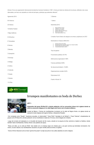 Artículo 19 es una organización internacional de derechos humanos fundada en 1987 y "lucha por todos los rehenes de la censura, defiende a las voces
silenciadas y se hace una campaña en contra de las leyes y prácticas que pretenden silenciar".


Agresiones 2012:                                                                 1 Edomex


83 Veracruz                                                                      1 Jalisco


22 Oaxaca                                                                        Asesinatos 2012:

                                                                                     1.   Regina Martínez Pérez
15 Distrito Federal                                                                  2.   Guillermo Luna Varela
                                                                                     3.   Gabriel Hugo Córdova
                                                                                     4.   Esteban Rodríguez Rodríguez
                                                                                     5.   Marcos Ávila García
7 Baja California                                                                    6.   Víctor Manuel Báez Chino



6 Chihuahua                                                                      3 medios Fueron blanco de ataques con armas y explosivos en 2012


6 Tamaulipas                                                                     Asesinados en Oaxaca 2000-2012

                                                                                     1.   Bradley Roland Will (2006)
                                                                                     2.   Raúl Marcial Pérez (también asesor de la Ubisort) (2006)
6 Sonora                                                                             3.   Felícitas Martínez Sánchez (2007)
                                                                                     4.   Teresa Bautista Merino (2007)


3 Morelos
                                                                                 Tipo de agresor

3 Campeche
                                                                                 Funcionarios públicos 33.73%

3 Durango
                                                                                 Delincuencia organizada 21.68%

3 Hidalgo
                                                                                 Fuerzas partidistas 9.69%

2 Colima
                                                                                 Se desconoce/indeterm. 16.86%

2 Coahuila
                                                                                 Organizaciones sociales 9.63%

1 Puebla
                                                                                 Particulares 8.43

1 Sinaloa
                                                                                 Fuente: Artículo 19

1 Q. Roo




                                    Irrumpen manifestantes en boda de Derbez

                                    ¡HEY! •

                                    Integrantes del grupo #YoSoy132 y demás población civil se encuentran afuera de la iglesia donde se
                                    oficia la ceremonia religiosa en la calle Regina del Centro de la Ciudad de México.

                                    Ciudad de México • Cientos de manifestantes irrumpieron en la calle de Regina frente a la iglesia donde se
                                    realizará la boda religiosa de Eugenio Derbez y Alessandra Rosaldo.

Con consignas como "fraude", "queremos escuelas, no telenovelas", "fuera Peña" "pendejez lo de Derbez" y "fuera Televisa", simpatizantes de
grupos como #YoSoy132 y demás población civil se manifestaron desde las 19 horas, ante la llegada de invitados.

 Luego de la boda civil realizada en un inmueble del claustro de Sor Juana, ubicado en la esquina de San Jerónimo e Isabel La Católica, donde
también había manifestantes, Derbez ofreció unas palabras de apoyo.

"Estoy con ellos, yo no voté por Peña", dijo vestido con un smoking negro con chaleco gris y una gran sonrisa que denotaba nerviosismo. Así
mismo, el actor saludó a los manifestantes causando una gran rechifla antes de entrar a la iglesia.

Tanto el Himno Nacional como el tema "gimme the power" se dejó escuchar en las calles aledañas al centro religioso.
 
