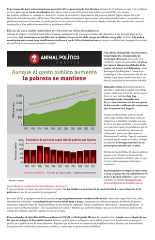 El presupuesto para estos programas aumentó 16% en poco más de dos décadas, al pasar de 46 millones en 1990 a 53.3 millones
en 2012, pero no se ven los resultados. Ante ello,en 2001 se creó el Programa Especial Concurrente (PEC), que agrupa
las políticas públicas en materia de desarrollo rural de 18 secretarías o dependencias del gobierno federal. Según estipula la Ley de
Desarrollo Rural Sustentable, el PEC reúne “las políticas públicas orientadas a la generación y diversificación de empleo y a garantizar a la
población campesina el bienestar y su participación en incorporación al desarrollo nacional, dando prioridad a las zonas de alta y muy alta
marginación y a las poblaciones económica y socialmente débiles”.
En uno de cada cuatro municipios se vive como en África Subsahariana
Además del ingreso, el Coneval usa el índice de rezago social para medir el acceso a la salud, a la educación y a una vivienda digna de los
mexicanos. 608 municipios, repartidos en 19 estados, tienen un nivel de rezago social alto o muy alto. Es decir, 1 de cada 4
municipios mexicanos tiene condiciones similares a las de África Subsahariana en cuanto a analfabetismo, hogares sin excusado,
sin piso firme o con un acceso limitado a la salud.
A la cabeza del oprobio está Guerrero.
Concretamente, el municipio de
Cochoapa el Grande, enclavado en la
conflictiva región de La Montaña. Le pisan
los talones algunas localidades de la
región rarámuri, en Chihuahua, como
Recanapuchi en Batopilas o Cosoachi en
Guadalupe y Calvo, donde casi cada año las
heladas traen fuertes hambrunas que a 20
años de programas no encuentran solución.
Ixtacamaxtitlán, el municipio al que se
adscribe el ejido Almeya donde viven Érika
y Jorge, está hacia al final de esa lista negra.
No es un caso extremo, hay 504
municipios más rezagados que
él, pero sus habitantes si forman parte
de los más de 7 millones de mexicanos
que viven como en Angola.
Aunque en el municipio poblano donde
viven Jorge y Érika, entre 2000 y 2010 se
redujeron a la mitad las viviendas con piso
de tierra, sin agua entubada o sin excusado,
y en una tercera parte los pobladores que no
terminaron la secundaria y las casas sin
refrigerador, parece que el progreso se
difumina con la neblina. Y por el camino de
terracería que se accede a su ejido, no llegan
las mejoras. El rezago aumentó en 20
puntos porcentuales en 10 años.
En toda la vida de Érika, 26 años, la pobreza
apenas se ha reducido en menos de dos
puntos porcentuales en todo el país. Lo que
sí crece es el presupuesto destinado a
combatirla.
Su presupuesto se duplicó entre 2003
y 2013, al pasar de 173 mil millones de
pesos a 313 mil millones, según recoge
el estudio de Fundar ‘Presupuesto del
Programa Especial Concurrente para el
desarrollo Rural y su Comportamiento Histórico 2003-2013’.
Y como el mismo secretario ejecutivo Coneval reconoce “no ha habido un aumento de la productividad o una reducción de la
pobreza a la par de ese aumento de presupuesto”.
Pero más allá de un programa social en concreto, el gasto gubernamental en desarrollo social —educación, seguridad social, salud,
urbanización o vivienda— se multiplicó por cuatro desde 1990 a 2012, al aumentar de 4 billones de pesos a 16 billones en precios
constantes, según el Centro de Finanzas Públicas de la Cámara de Diputados. Ahora se mantiene y refuerza con el programa Prospera —el
nuevo rostro de Oportunidades— y la Cruzada Nacional contra el Hambre que pretende integrar cada una de las Secretarías al desarrollo
común. El problema, dicen los expertos, es que no se logra.
El investigador de Estudios del Desarrollo en la UNAM y el Colegio de México, Fernando Cortés, señala cuatro hipótesis por
las que no se logra el desarrollo común.Primero: que los apoyos no lleguen a quien deben porqué no se focalizan bien o porque el
partido en el poder los usa de forma clientelar. Segundo: que los recursos se enreden en la jungla burocrática. Tercero: que las cantidades
entregadas sean insuficientes para generar cambios, y cuarto: que no generan sustentabilidad.
 