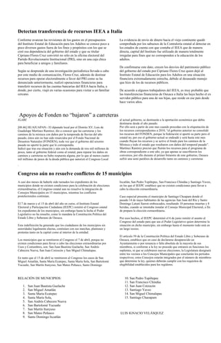 Detectan transferencia de recursos IEEA a Italia
Conforme avanzan las revisiones de los gastos en el presupuestos              La evidencia de envío de dinero hacia el viejo continente quedó
del Instituto Estatal de Educación para los Adultos se conoce poco a          comprobada por los sabuesos de la Contraloría estatal al detectar en
poco diversos gastos fuera de los fines y propósitos con los que se           los estados de cuenta con que contaba el IEEA que de manera
creó esa dependencia del gobierno del estado y que su titular                 directa, capital del Instituto fue utilizado de manera totalmente
Cipriano Flores Cruz convirtió no sólo en la oficina electoral del            irregular para fines que no corresponden a la educación de los
Partido Revolucionario Institucional (PRI), sino en una caja chica            adultos.
para beneficiar a amigos y familiares.
                                                                              De confirmarse este dato, crecen los desvíos del patrimonio público
Según se desprende de una investigación periodística llevada a cabo           del gobierno del estado por Cipriano Flores Cruz quien dejó al
por este medio de comunicación, Flores Cruz, además de destinar               Instituto Estatal de Educación para los Adultos en una situación
recursos para operar electoralmente a favor del PRI como se ha                financiera extremadamente estrecha, debido al desaseado manejo
denunciado anteriormente, realizó operaciones financieras para                que hizo de los de recursos públicos.
transferir recursos de las cuentas bancarias del IEEA hacia Italia, a
donde, por cierto, viajó en varias ocasiones para visitar a un familiar       De acuerdo a algunos trabajadores del IEEA, es muy probable que
cercano.                                                                      las transferencias financieras de Oaxaca a Italia las haya hecho el ex
                                                                              servidor público para una de sus hijas, que reside en ese país desde
                                                                              hace varios años.



    Apoyos de Fonden no “bajaron” a carreteras
IGABE                                                                         al actual gobierno, se destinarán a la aportación económica que debía
                                                                              destinarse desde el año pasado.
[08:46] HUAJUAPAN.- El diputado local por el Distrito XV, Luis de             Por ello será a partir de este mes cuando procedan con la etiquetación de
Guadalupe Martínez Ramírez, dio a conocer que las carreteras y los            los recursos correspondientes a 2010, “el gobierno anterior no consolidó
caminos de la mixteca con daños por la temporada de lluvias del año           los recursos del FONDEN, porque la federación sí aportó su parte pero el
pasado, éstos aún no han sido resarcidos por el Fondo Nacional de             estatal no, por eso el gobierno actual se endeudó y será hasta este mes
Desastres Naturales (FONDEN), toda vez que el gobierno del sexenio            cuando fluyan los recursos y se active el fondo para los caminos de la
pasado no aportó la parte que le correspondía.                                Mixteca y todo el estado que resultaron con daños del temporal pasado”.
Indicó que tras esa situación y aún con la demanda de tres mil millones de    Martínez Ramírez precisó que fluirán los recursos para el programa de
pesos, tanto al gobierno federal como al estatal, para reparar los daños en   obras correspondiente a este año, ya que apenas se suscribieron los
caminos y carreteras no hubo respuesta alguna, por lo que al menos cuatro     convenios, por ello durante el primer bimestre de este gobierno, Oaxaca
mil millones de pesos de la deuda pública que autorizó el Congreso Local      sufrió una semi parálisis de desarrollo tanto en caminos y carreteras
.

Congreso aún no resuelve conflictos de 15 municipios
A casi dos meses de haberle sido turnados los expedientes de los              Ixcatlán, San Pedro Topiltepec, San Francisco Chindúa y Santiago Yaveo,
municipios donde no existen condiciones para la celebración de elecciones     en los que el IEEPC establece que no existen condiciones para llevar a
extraordinarias, el Congreso estatal aun no resuelve la integración de        cabo la elección extraordinaria.
Consejos Municipales en 15 municipios, mientras los conflictos
postelectorales continúan.                                                    Caso especial presenta el municipio de Santiago Choapam donde el
                                                                              pasado 14 de mayo habitantes de las agencias San Juan del Río y Santo
El 7 de marzo y el 15 de abril del año en curso, el Instituto Estatal         Domingo Latuni fueron emboscados, resultando 10 personas muertas y 8
Electoral y Participación Ciudadana (IEEPC) remitió al Congreso estatal       heridas, cuando se intentaba instalar el Consejo Municipal Electoral, a fin
los expedientes de los municipios, sin embargo hasta la fecha el Poder        de prepara la elección extraordinaria.
Legislativo no ha resuelto, como lo mandata la Constitución Política del
Estado Libre y Soberano de Oaxaca.                                            Por esos hechos, el IEEPC determinó el 6 de junio remitir el asunto al
                                                                              Congreso del estado para que sea el Poder Legislativo quien determine la
Esta indefinición ha generado que los ciudadanos de los municipios sin        situación en dicho municipio, sin embargo hasta el momento todo está en
autoridades legalmente electas, continúen con sus marchas, plantones y        un largo receso.
protestas tanto en la capital como al interior de la entidad.
                                                                              El artículo 59 de la Constitución Política del Estado Libre y Soberano de
Los municipios que se remitieron al Congreso el 7 de abril, porque no         Oaxaca, establece que en caso de declararse desaparecido un
existen condiciones para llevar a cabo las elecciones extraordinarias por     Ayuntamiento o por renuncia o falta absoluta de la mayoría de sus
Usos y Costumbres, son: San Juan Bautista Guelache, San Andrés                miembros, si conforme a la ley no procede que entraren en funciones los
Cabecera Nueva, San Juan Cotzocón y San Miguel Chimalapas.                    suplentes, ni que se celebraren nuevas elecciones, la Legislatura designará
                                                                              entre los vecinos a los Concejos Municipales que concluirán los períodos
En tanto que el 15 de abril se remitieron al Congreso los casos de San        respectivos; estos Concejos estarán integrados por el número de miembros
Miguel Amatlán, Santa María Ecatepec, Santa María Sola, San Bartolomé         que determine la ley, quienes deberán cumplir con los requisitos de
Yucuañe, San Martín Itunyoso, San Mateo Peñasco, Santo Domingo                elegibilidad establecidos para los regidores.



RELACIÓN DE MUNICIPIOS:                                                           10. San Pedro Topiltepec
                                                                                  11. San Francisco Chindúa
     1.   San Juan Bautista Guelache                                              12. San Juan Cotzocón
     2.   San Miguel Amatlán                                                      13. Santiago Yaveo
     3.   Santa María Ecatepec                                                    14. San Miguel Chimalapas
     4.   Santa María Sola,                                                       15. Santiago Chaoapam
     5.   San Andrés Cabecera Nueva
     6.   San Bartolomé Yucuañe
     7.   San Martín Itunyuso
     8.   San Mateo Peñasco                                                   LUIS IGNACIO VELÁSQUEZ
     9.   Santo Domingo Ixcatlán
 